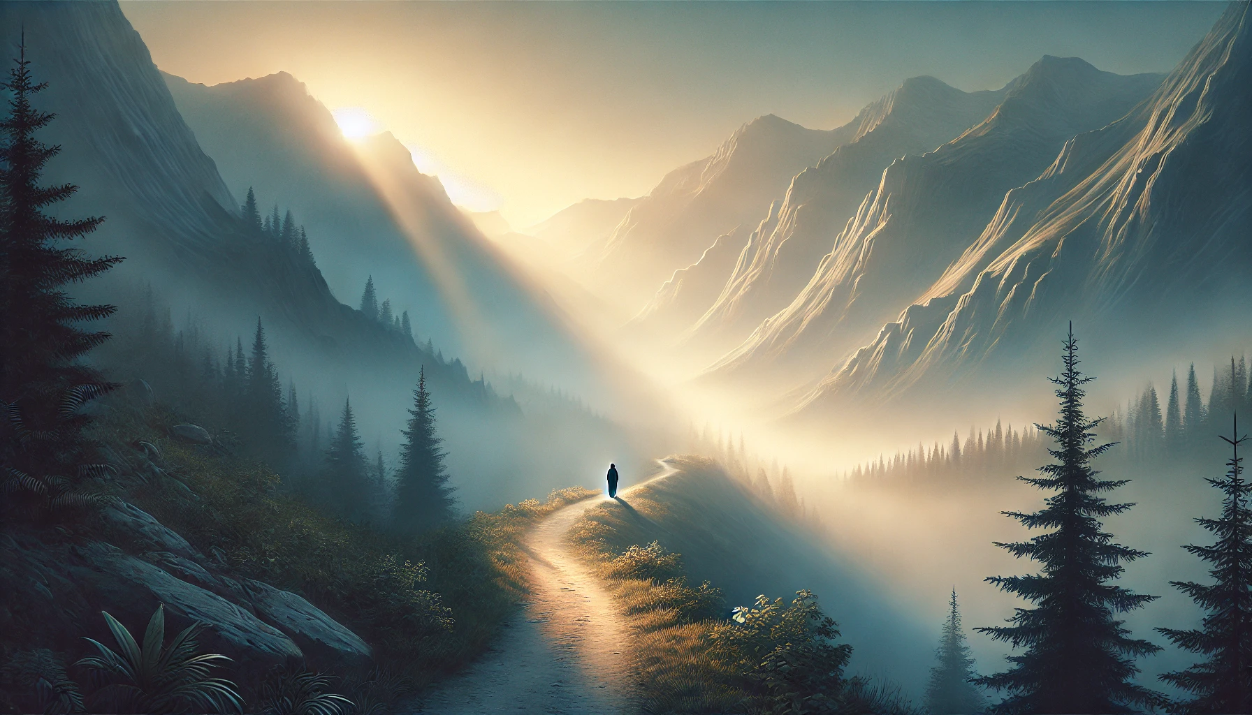 A quiet mountain path illuminated by a soft morning light.
