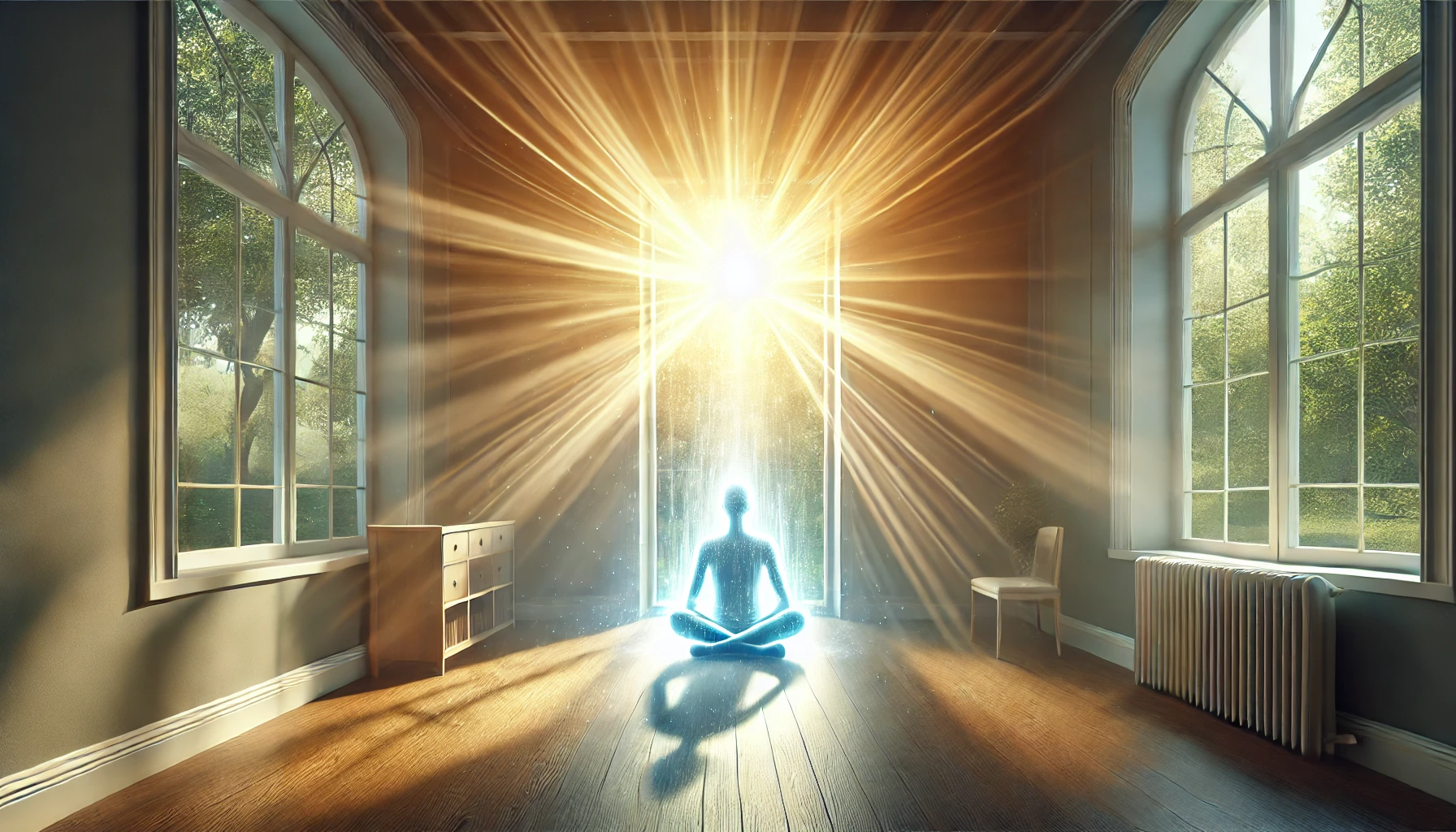 A radiant, glowing light descending onto a person seated in quiet reflection inside a peaceful room.
