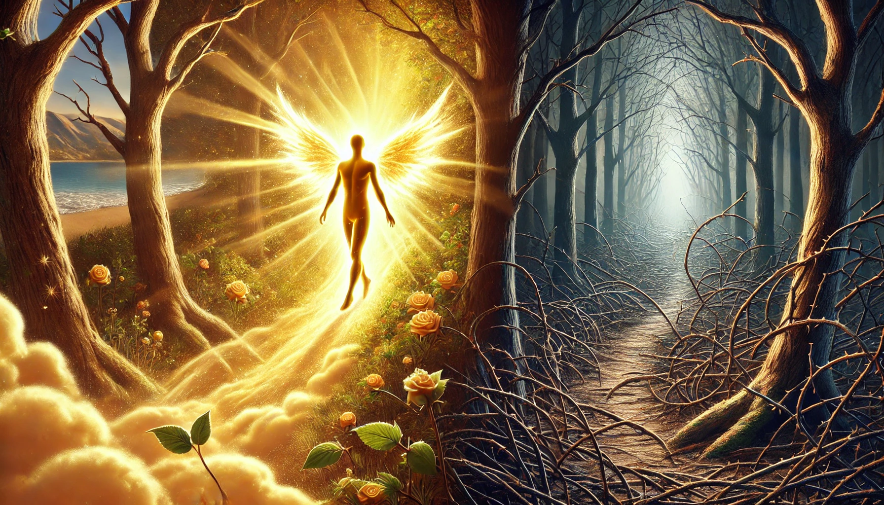 A radiant, peaceful figure walking along a golden-lit path surrounded by nature.