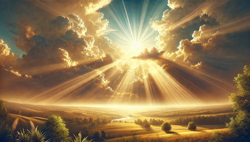 The sun shining through the clouds over a valley.