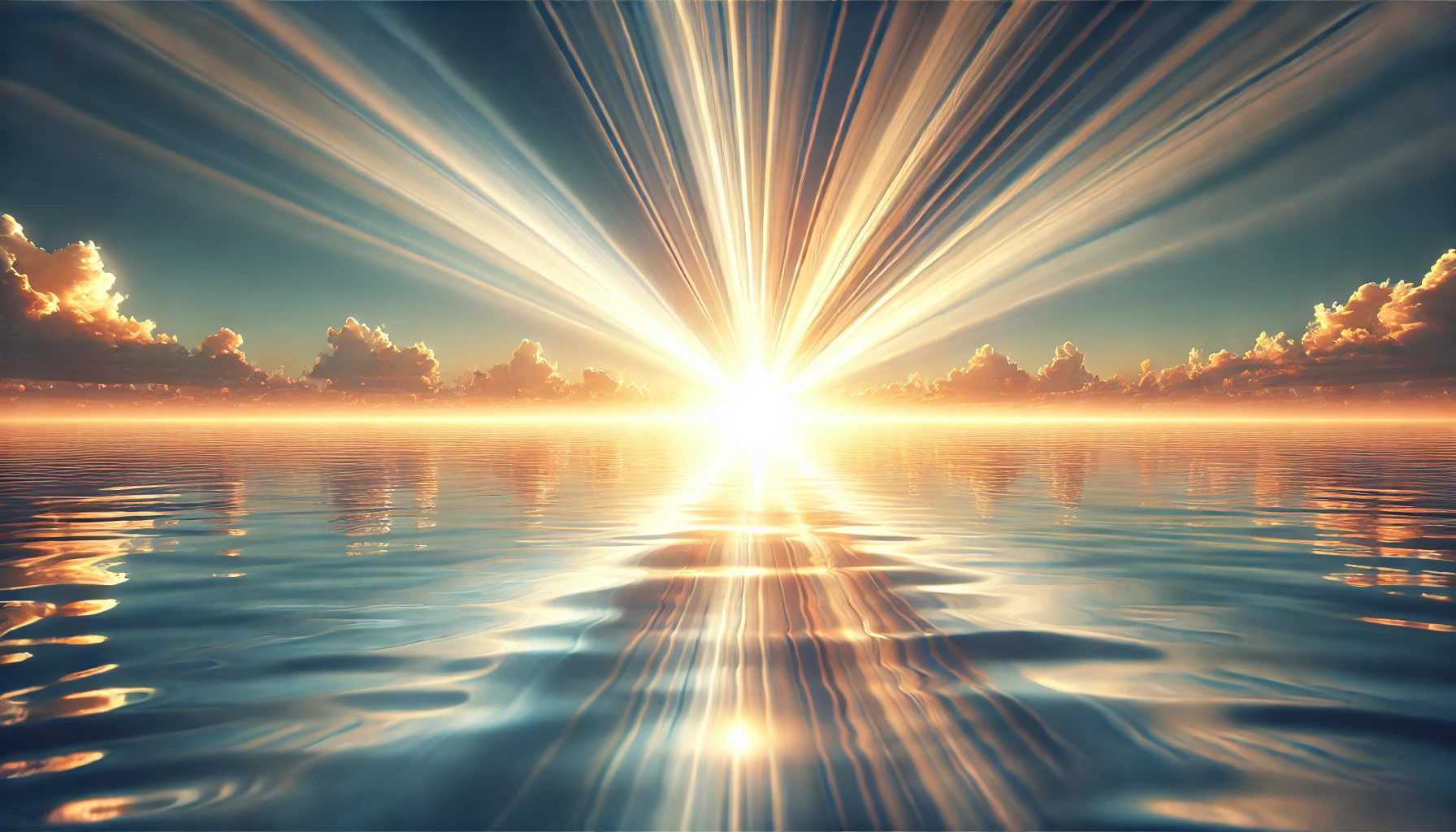 A radiant sunrise over a calm sea, with light beams spreading across the water.