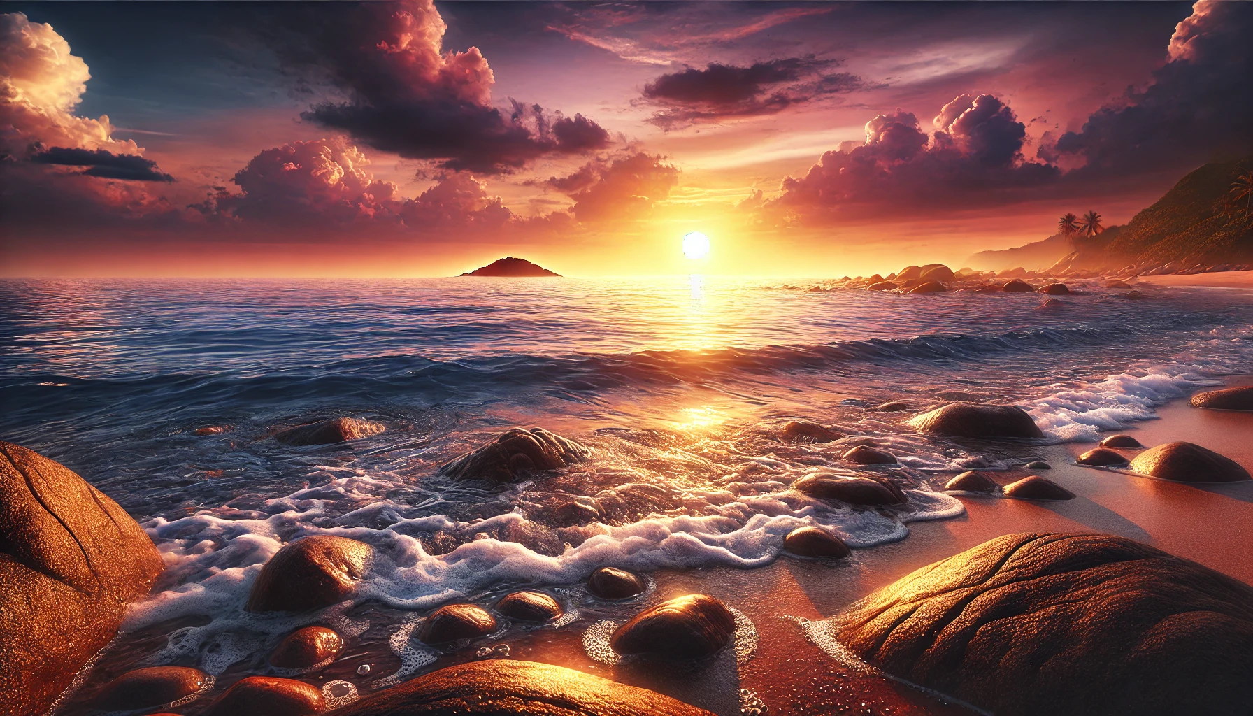 A rocky shoreline during sunset. Gentle waves lap against the rocks, and the golden sun low on the horizon.