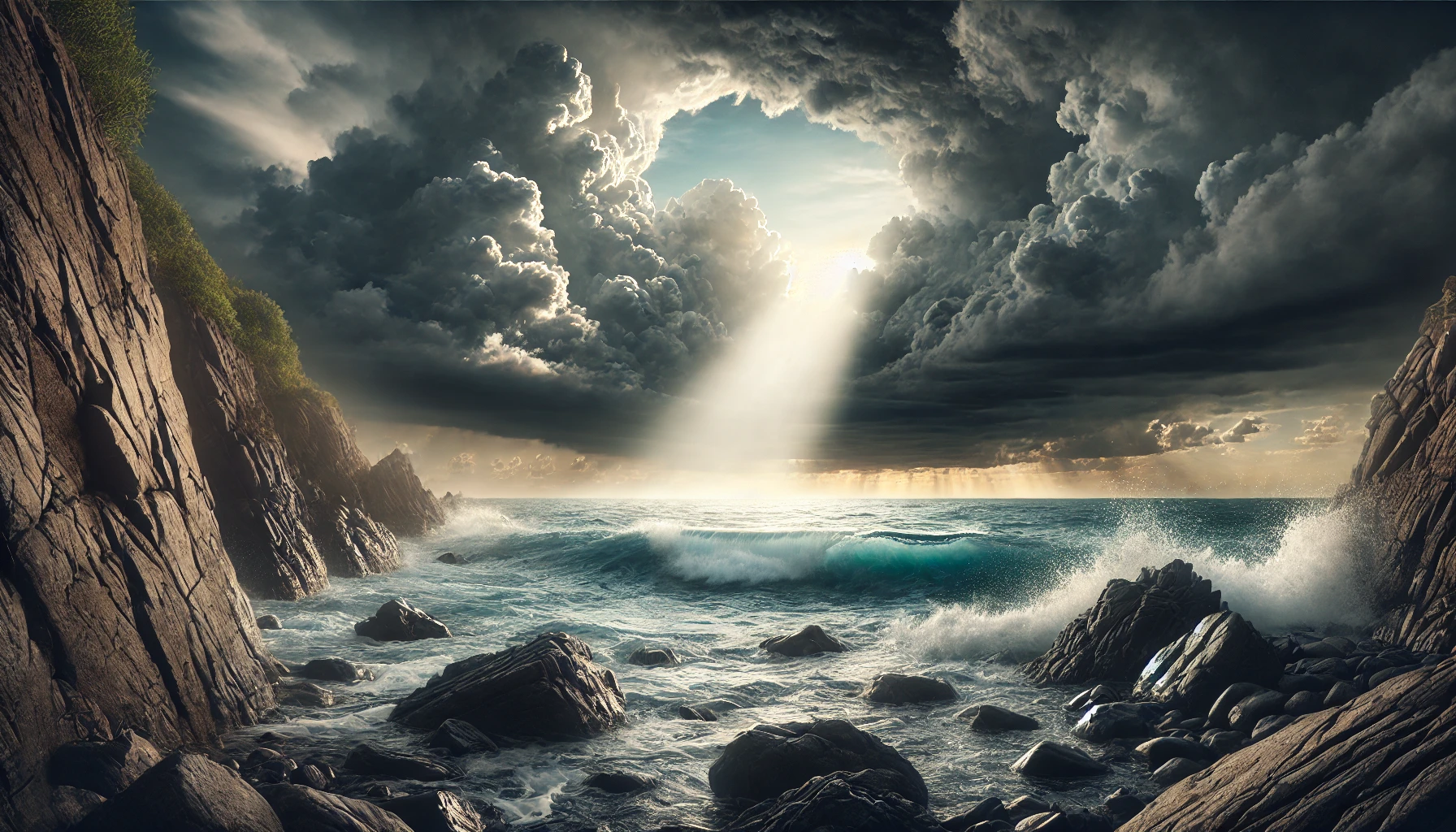 A rugged coastline during a storm, with waves crashing against rocks under a cloudy sky.
