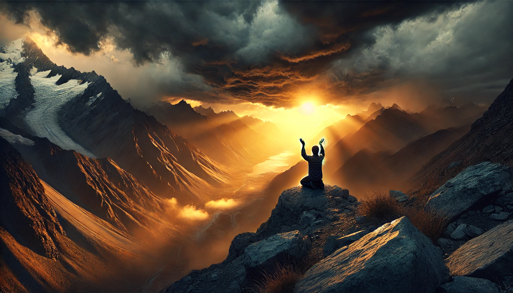 A rugged mountain landscape at sunset, with a glowing golden light breaking through storm clouds.