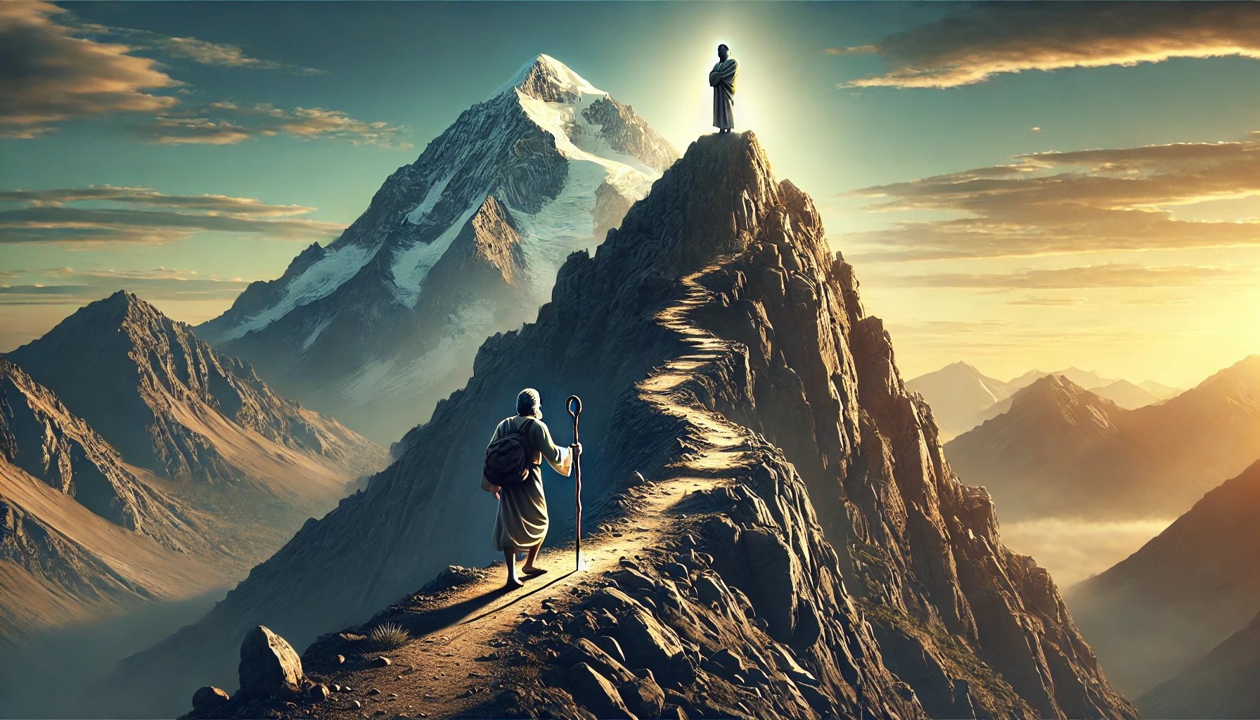 A rugged mountain scene, where a figure walks humbly with a staff up a steady path toward a shining peak.
