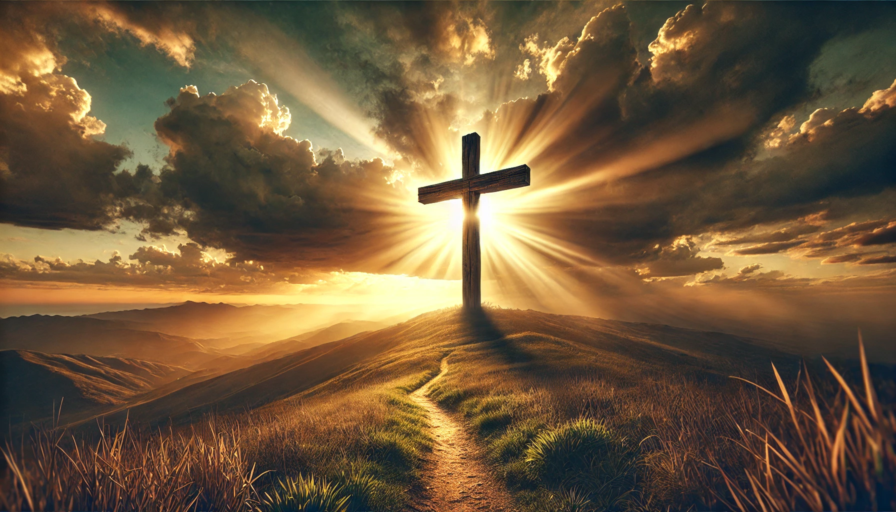 A rugged wooden cross standing on a hilltop at sunset.