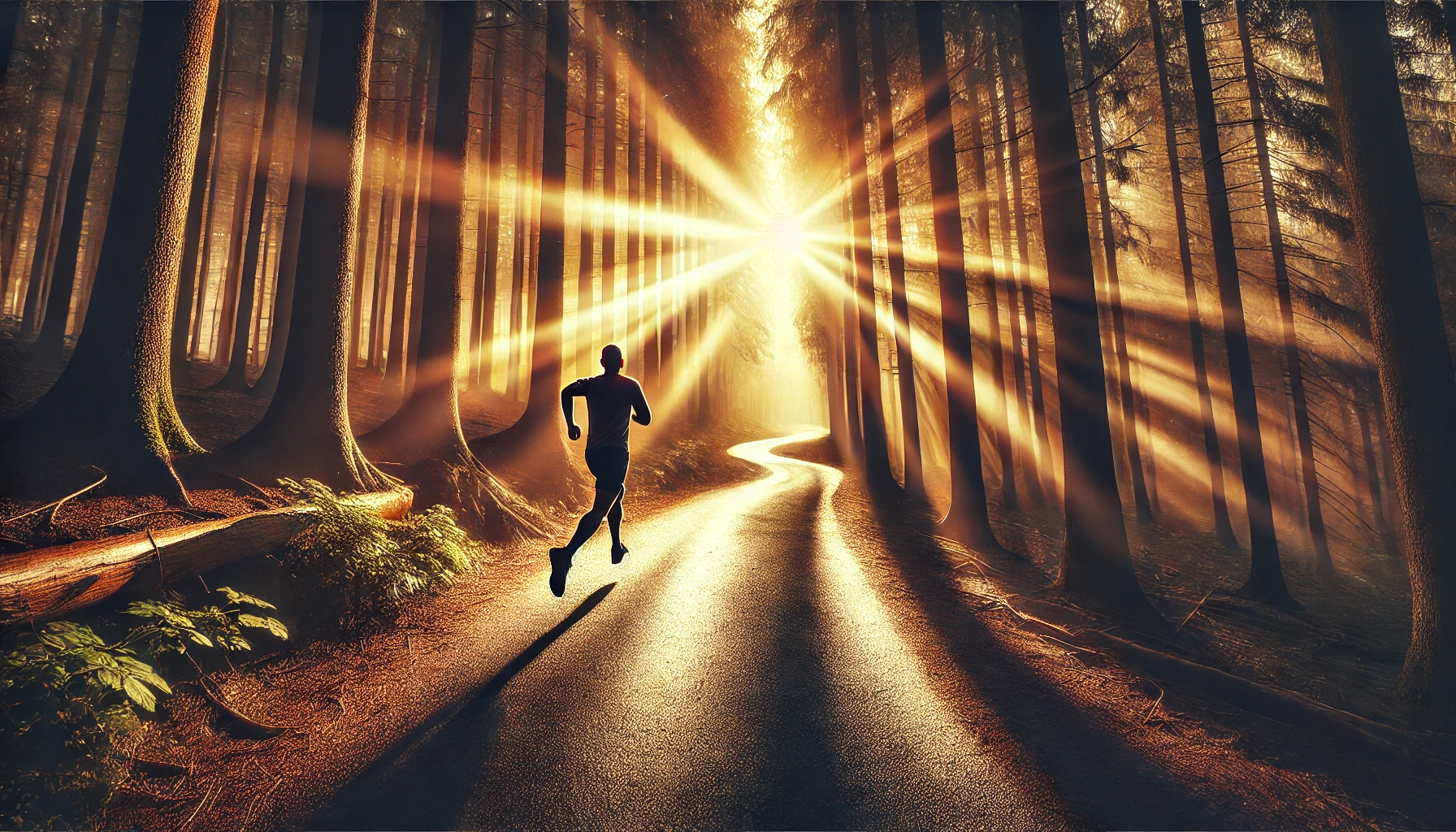 A runner on a sunlit forest trail, surrounded by tall trees with golden light streaming through.