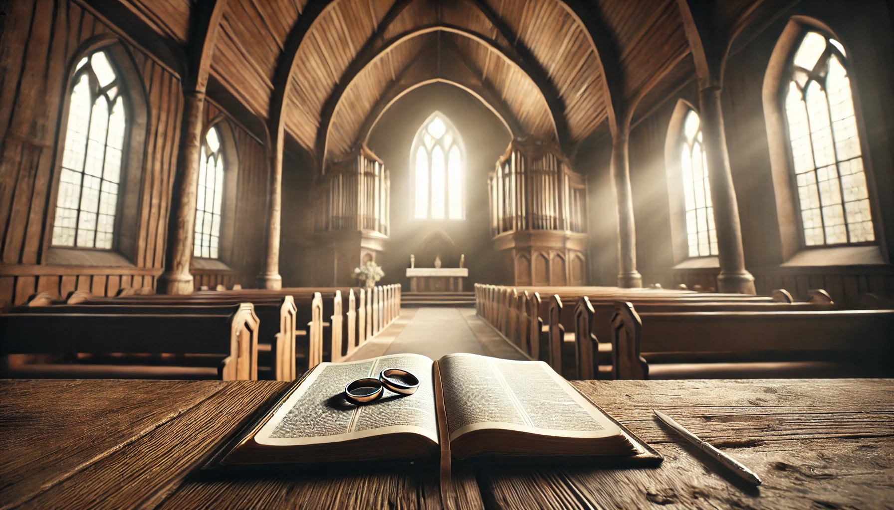 A rustic wooden church with an open Bible and two wedding rings resting on it, placed at the altar.