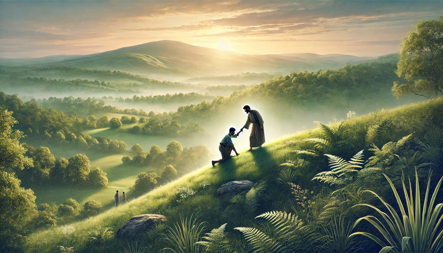 A scene of a lush, peaceful hillside.