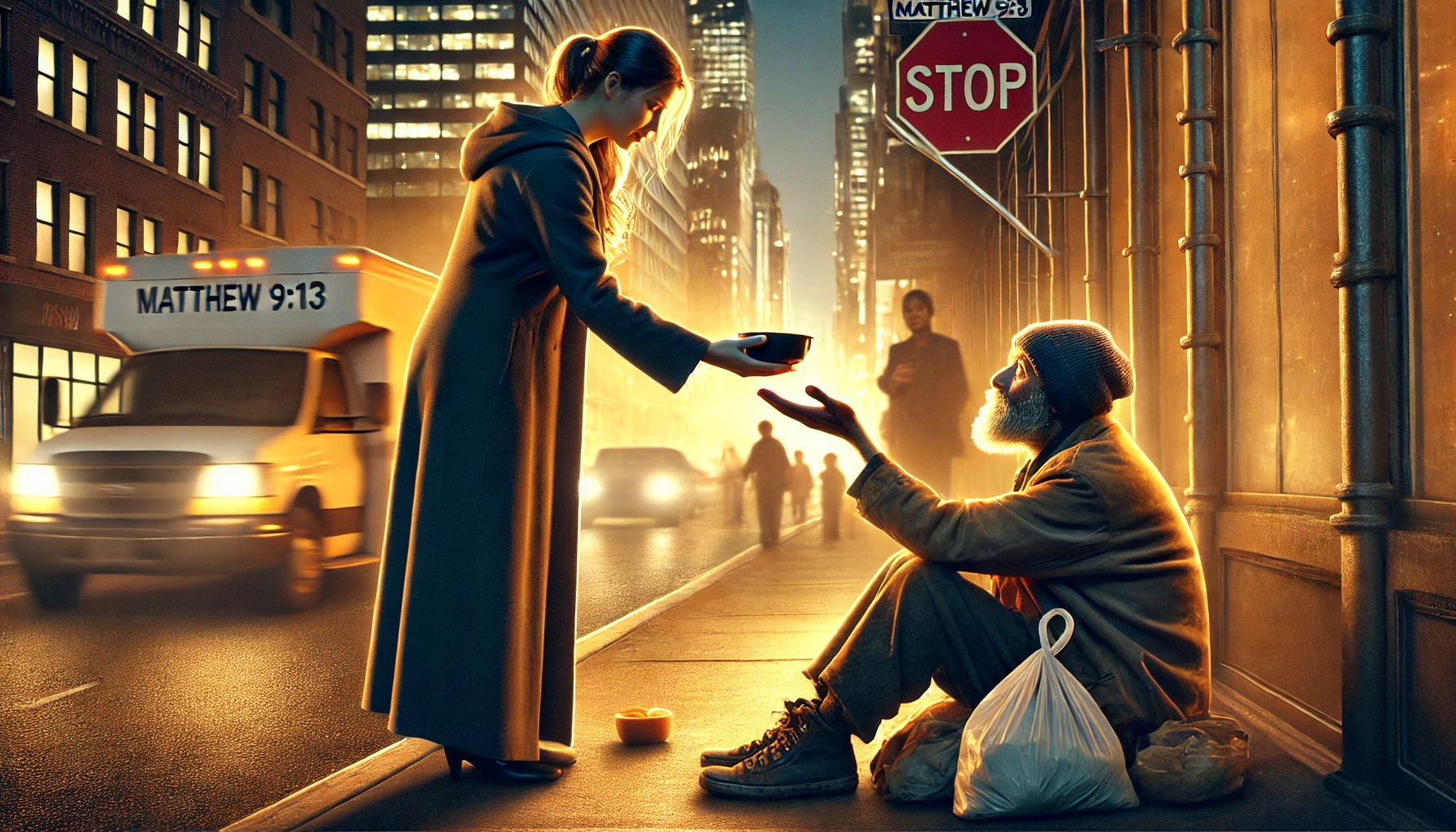 A scene where a person is offering a meal to a homeless individual outside a bus stop.