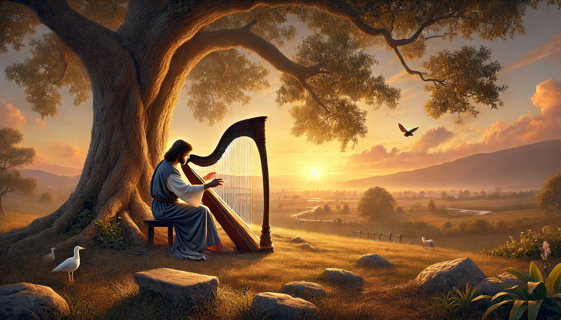 A serene biblical scene where a musician is playing a harp of ten strings under a large tree.