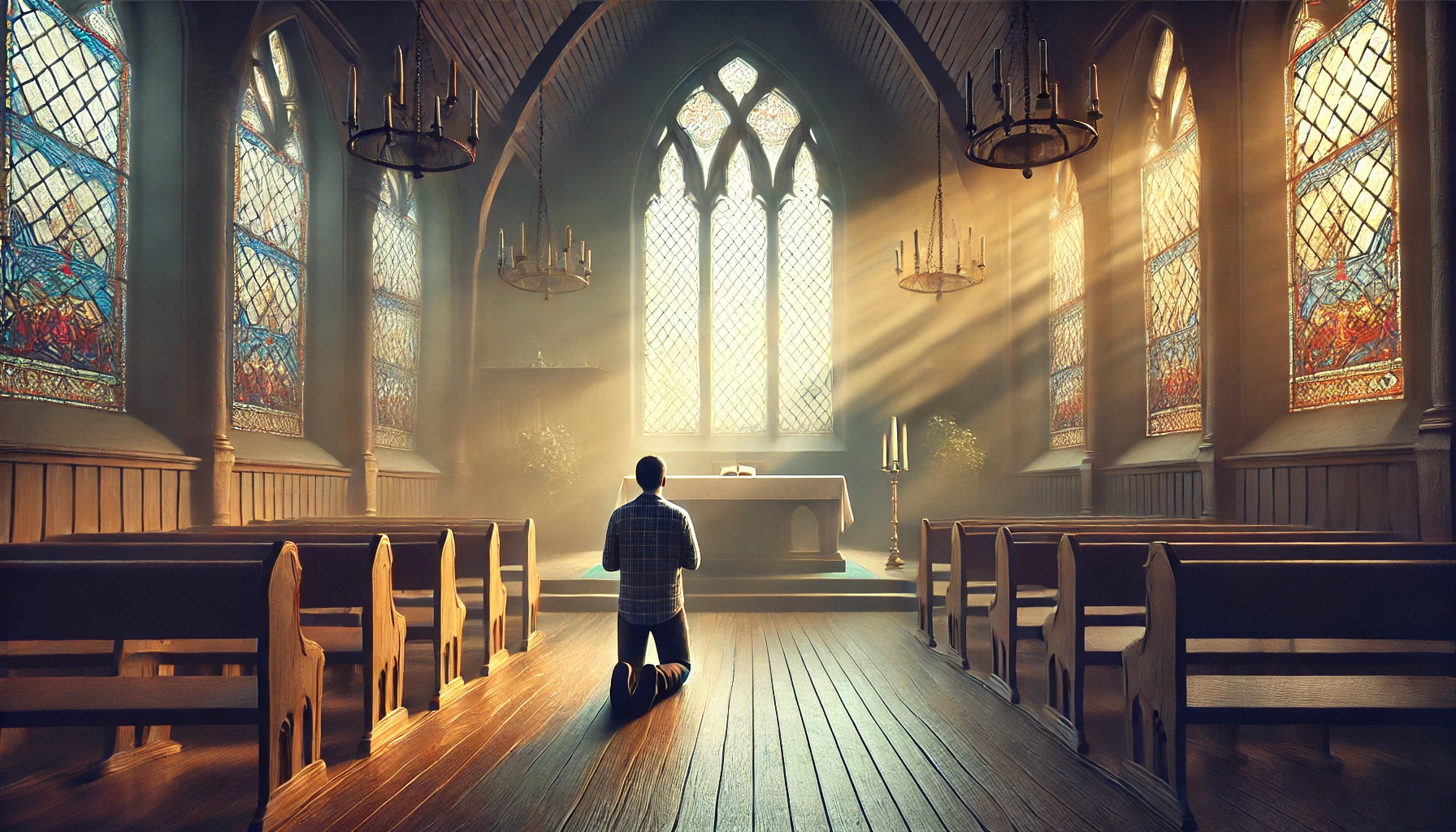 A serene chapel interior with soft light streaming through stained glass windows.