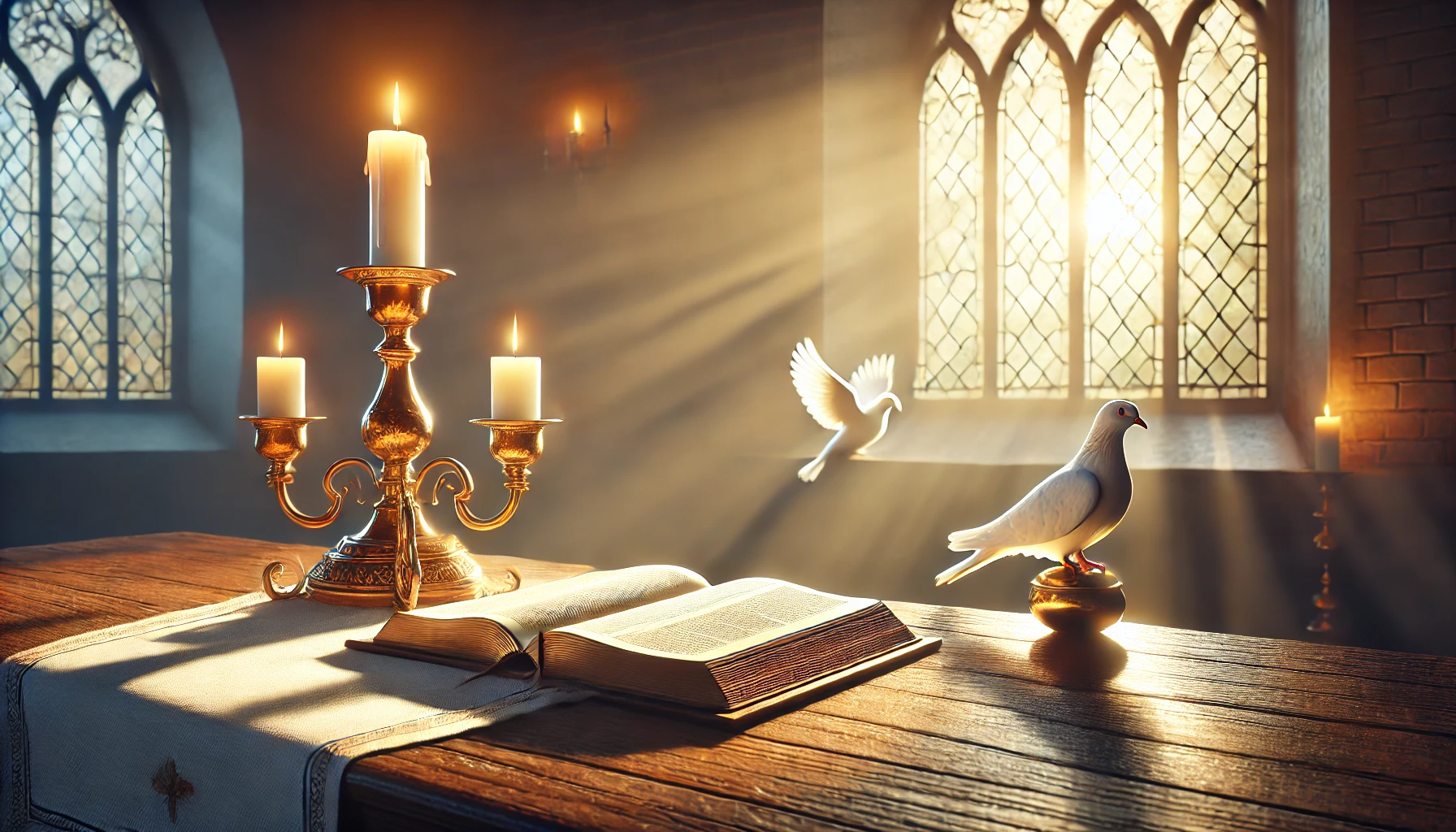 A serene church altar bathed in soft morning sunlight with an open Bible.