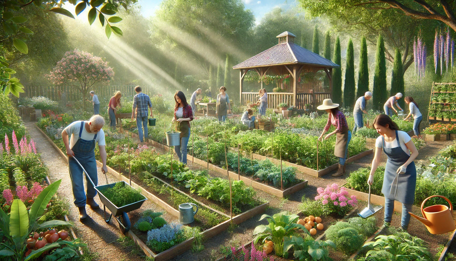 A serene community garden where volunteers are tending to plants.