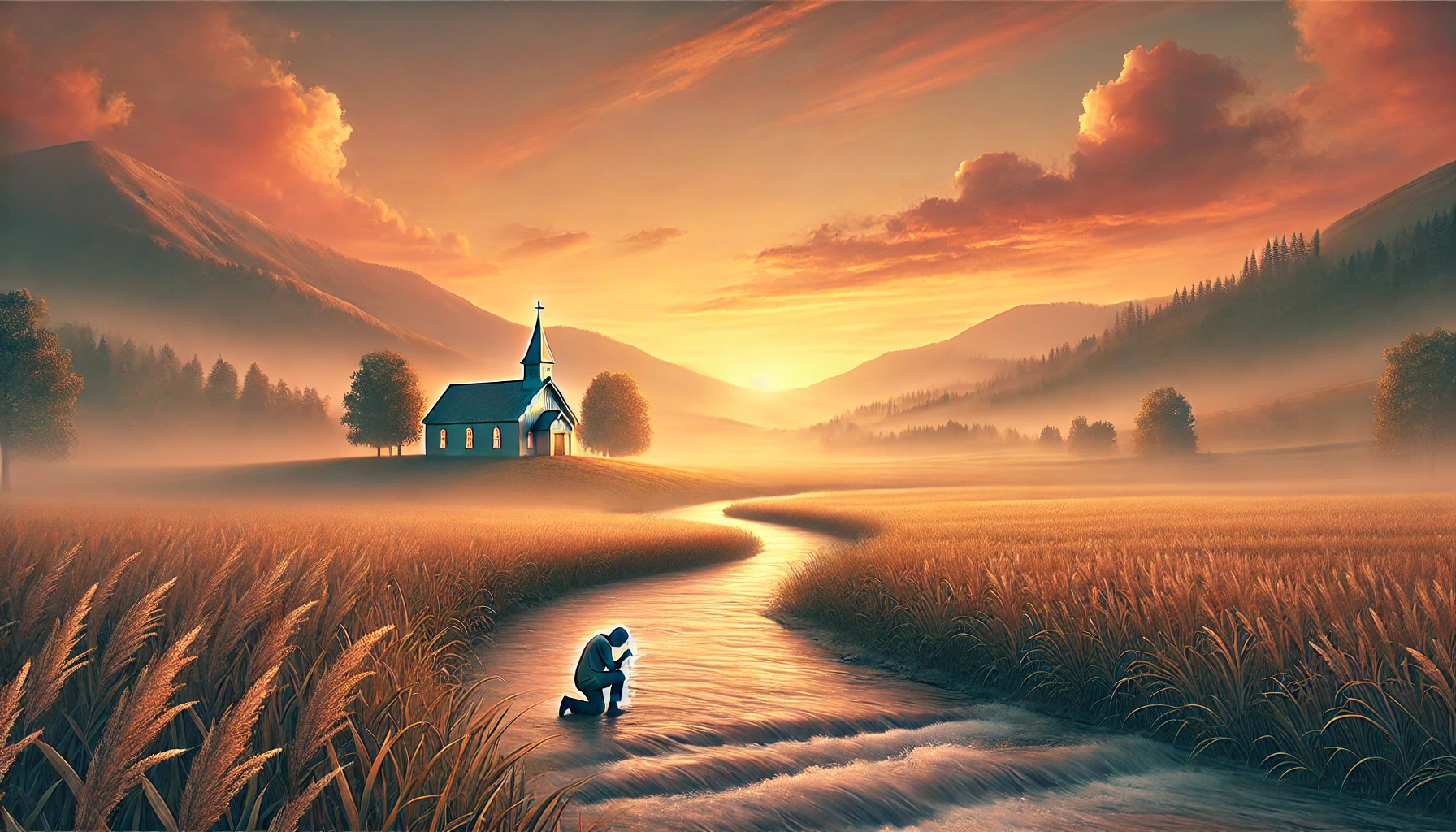 A serene countryside at sunset with a small chapel in the distance.