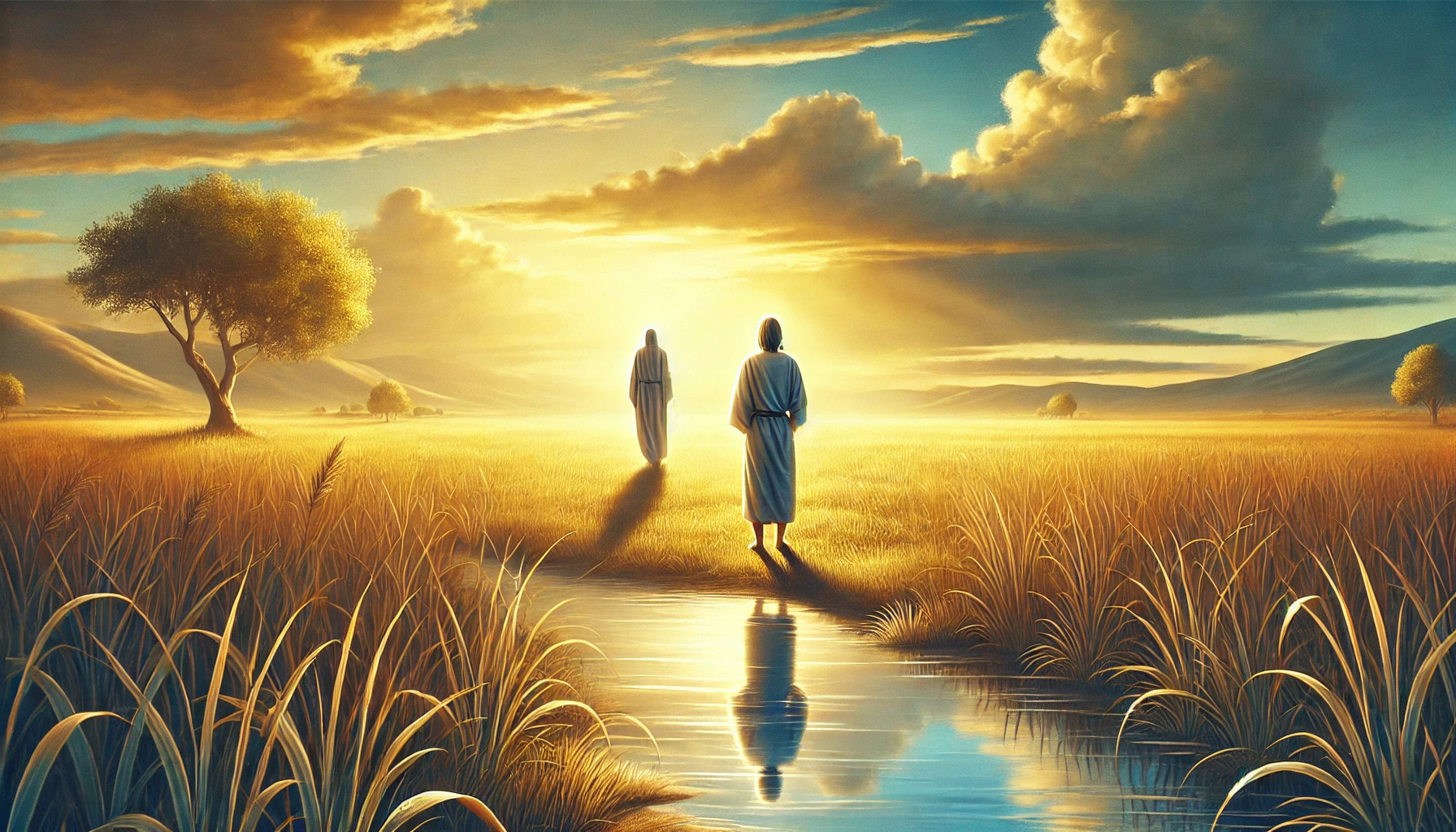 A serene countryside scene where a calm figure stands humbly, surrounded by golden sunlight.