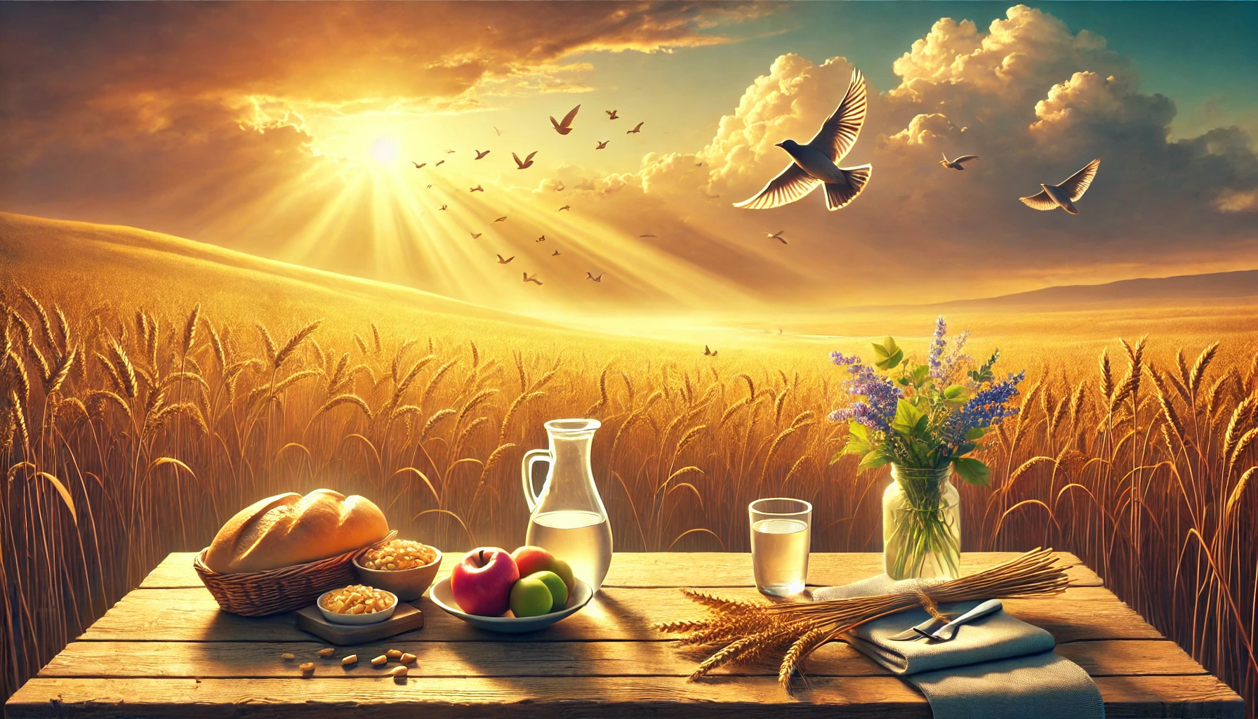 A serene countryside scene with birds soaring over golden fields at sunrise.