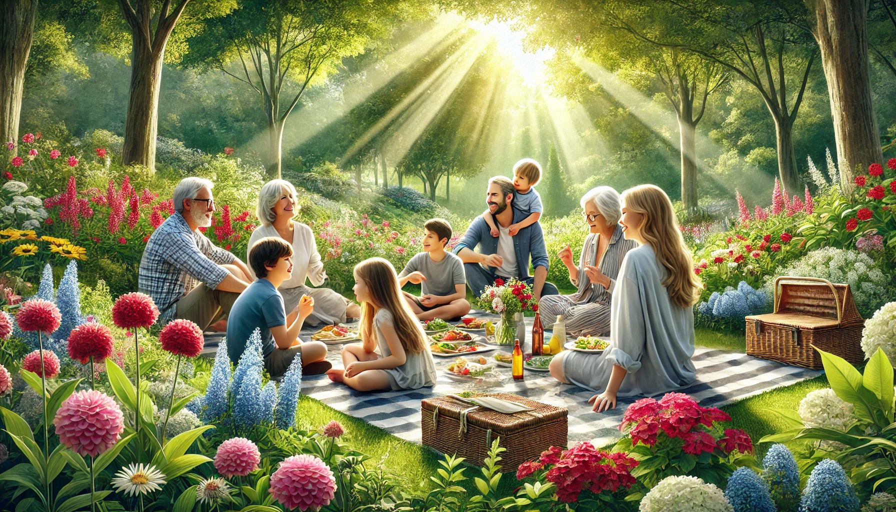 A serene family gathering outdoors in a lush garden.