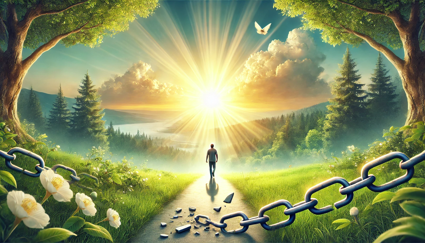 A serene landscape showing a man walking on a bright path surrounded by lush greenery.