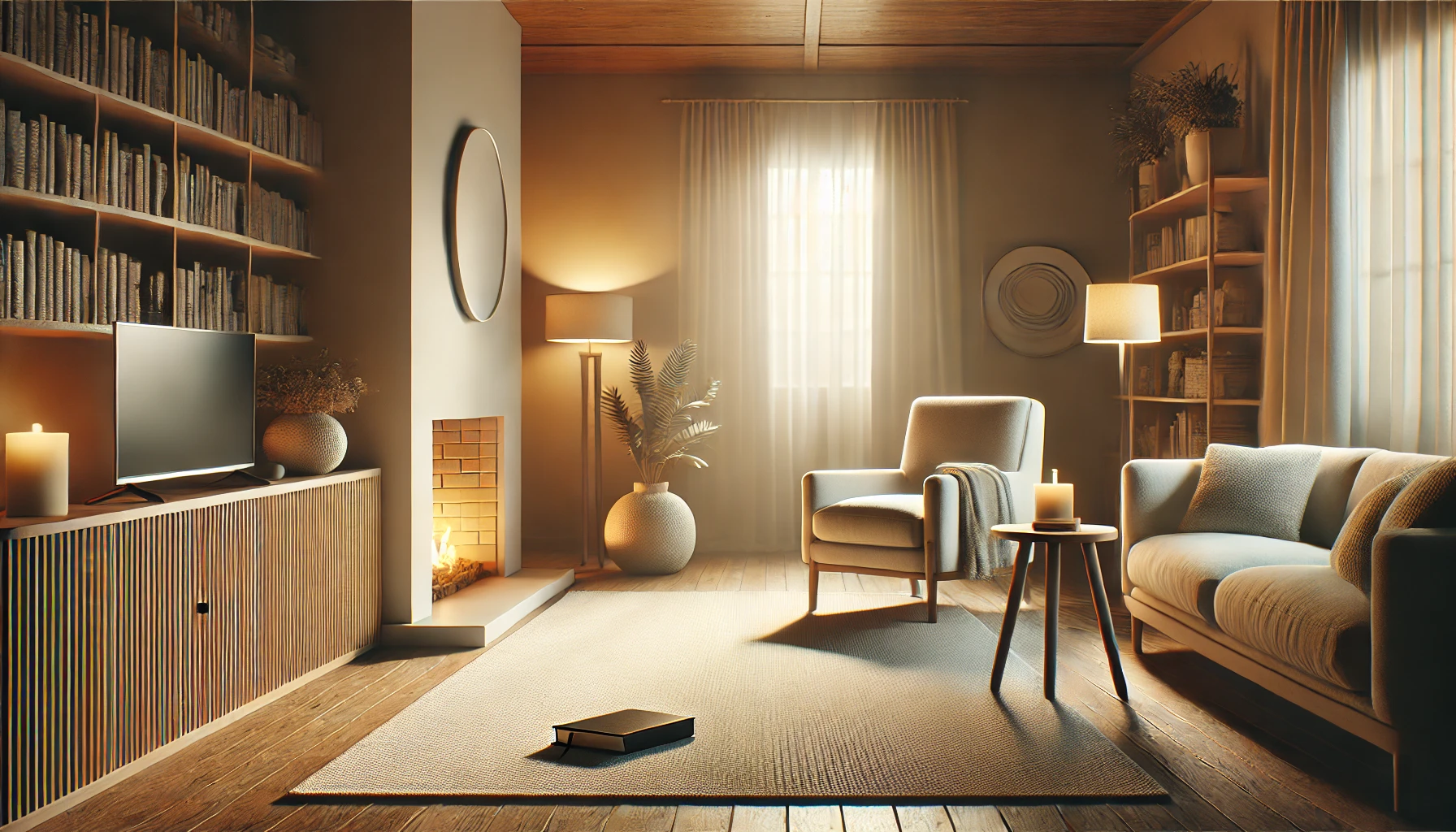 A serene living room with soft, warm lighting and minimalist decor.