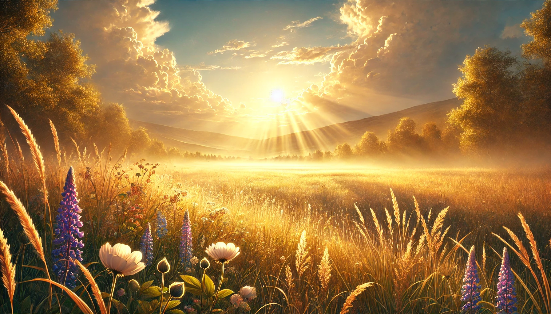 A serene meadow bathed in golden sunlight, with soft wildflowers and a clear sky.