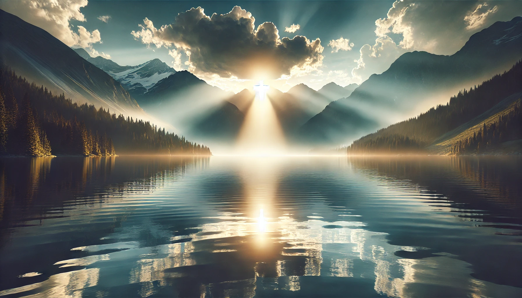 A serene mountain lake at sunrise, with a bright light breaking through the clouds.