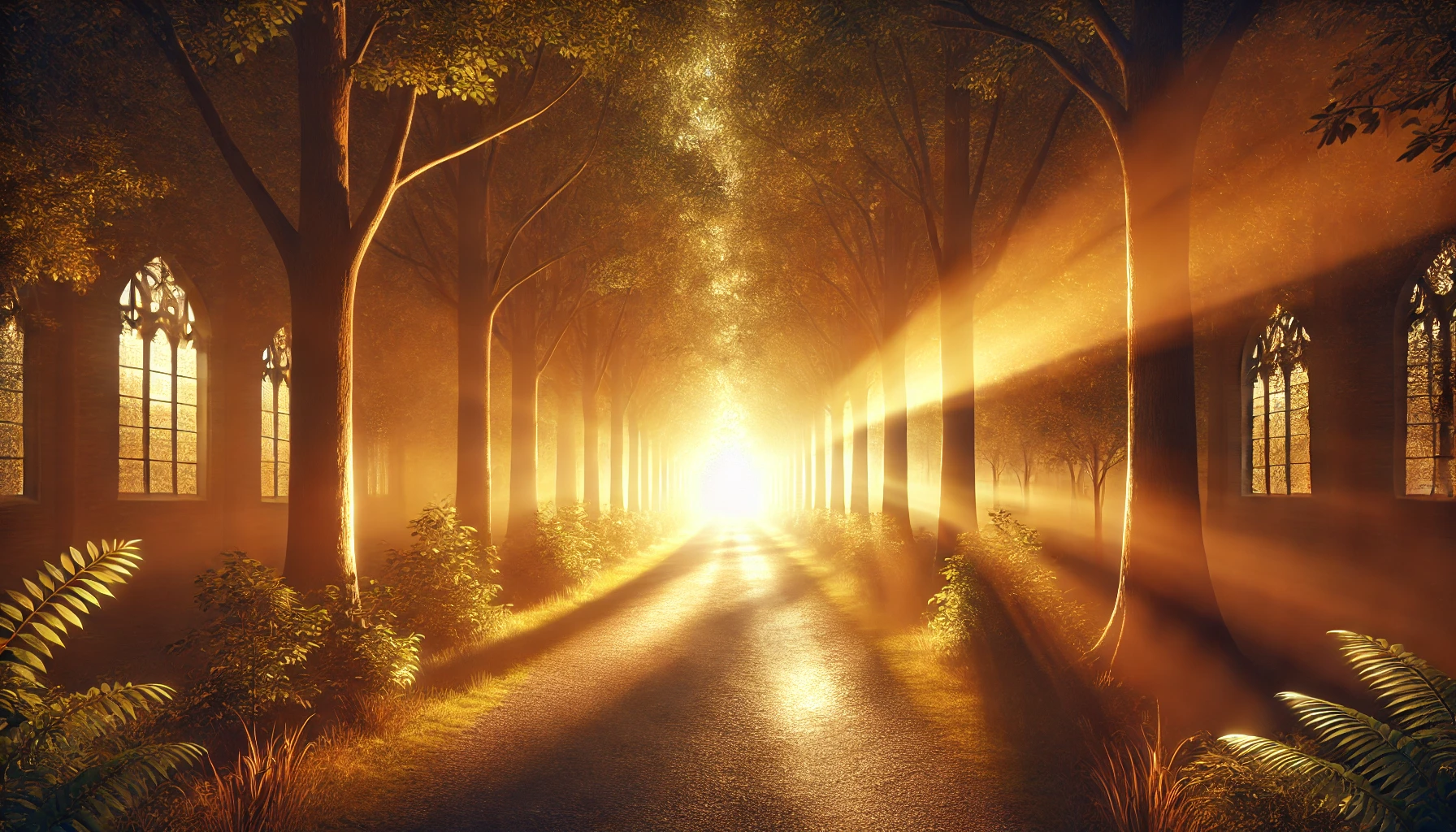 A serene pathway lit by golden sunlight breaking through dense trees.
