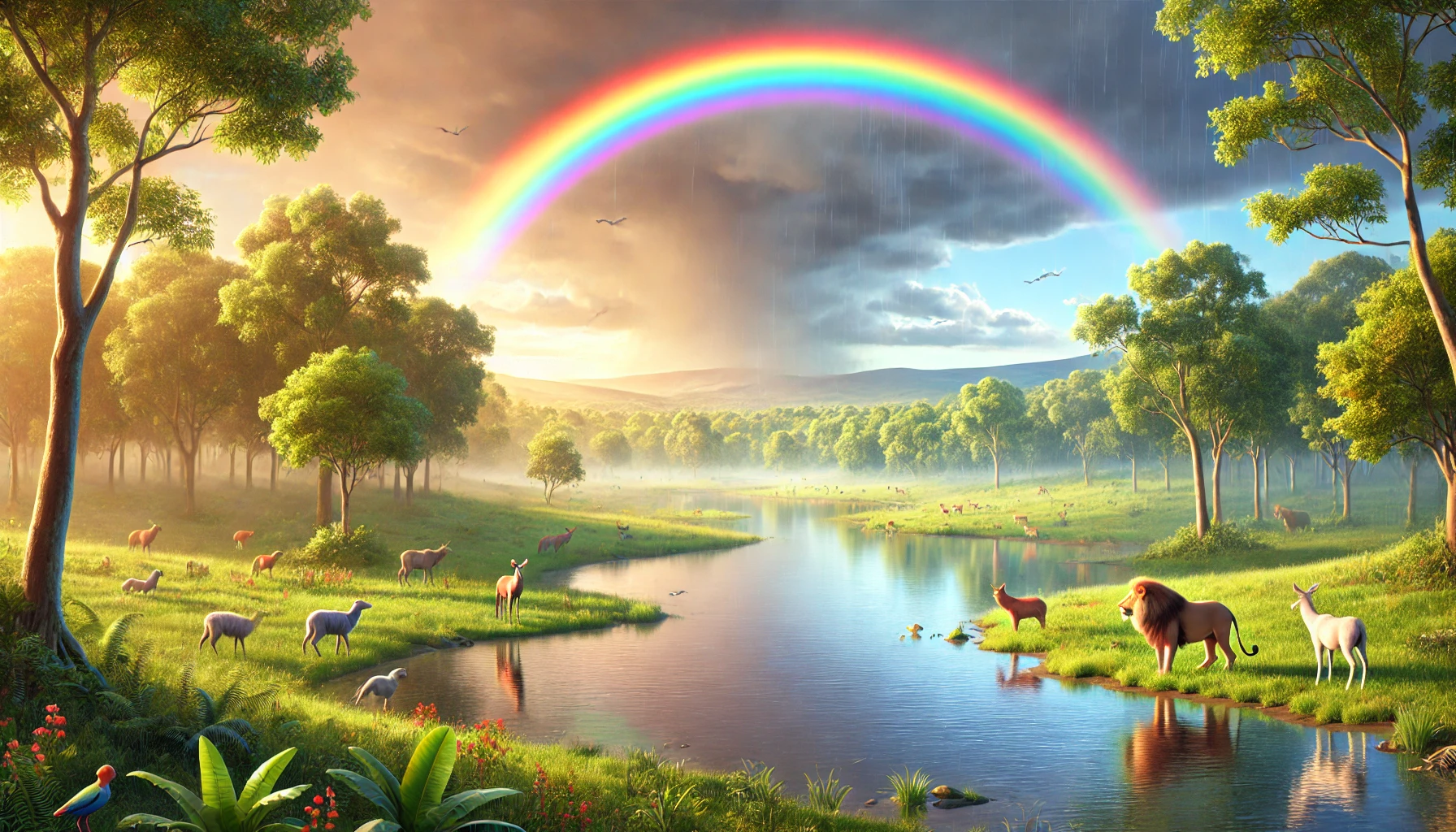 A serene post-storm scene with a vivid rainbow arching across the sky.