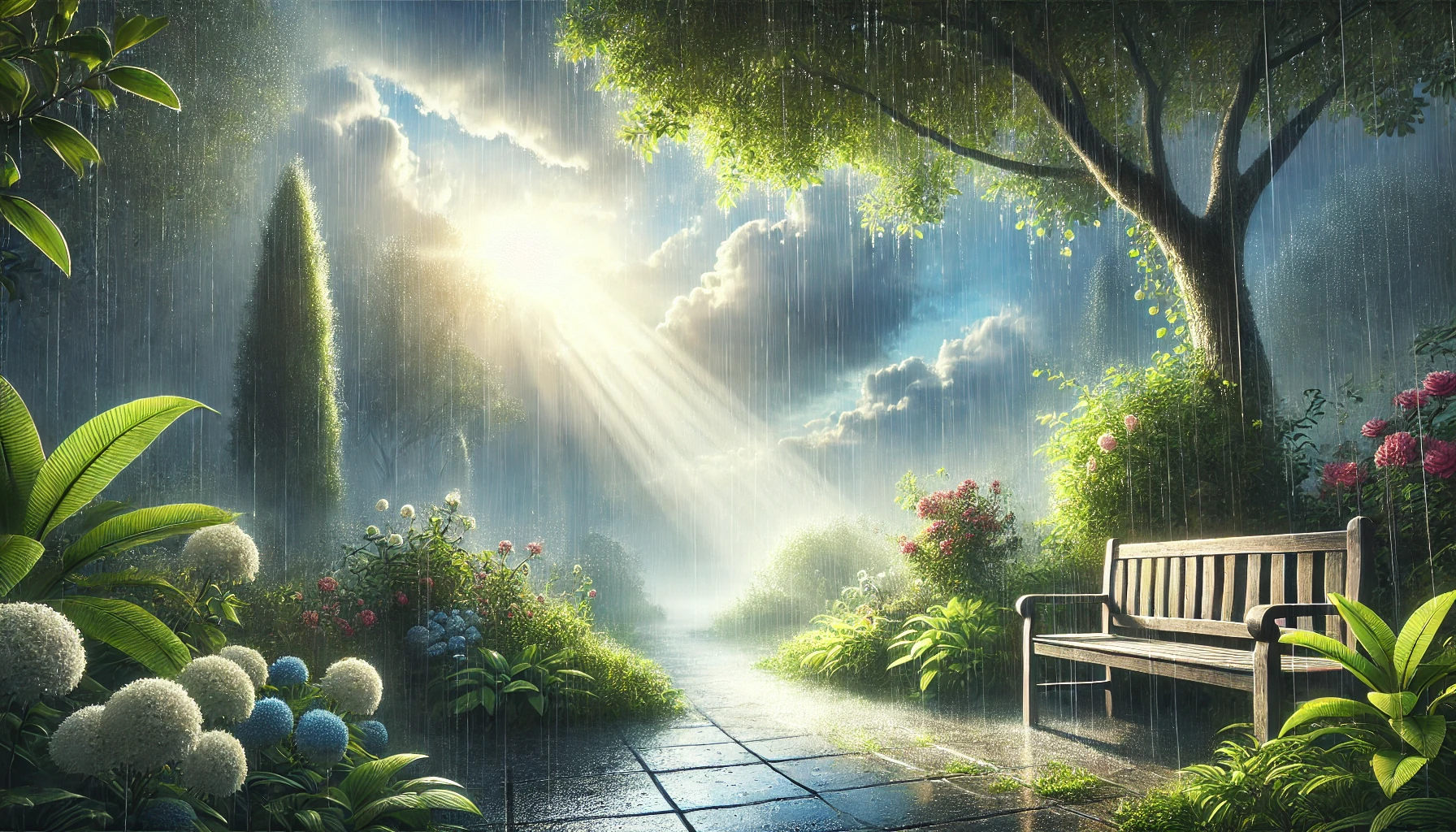 A serene, rain-drenched garden with soft light breaking through the clouds.