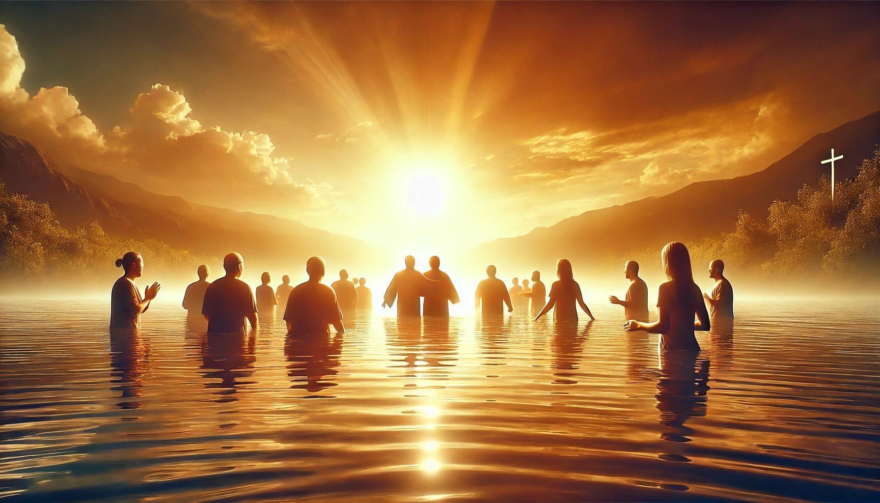 A serene river where a group of people is being baptized at sunset.