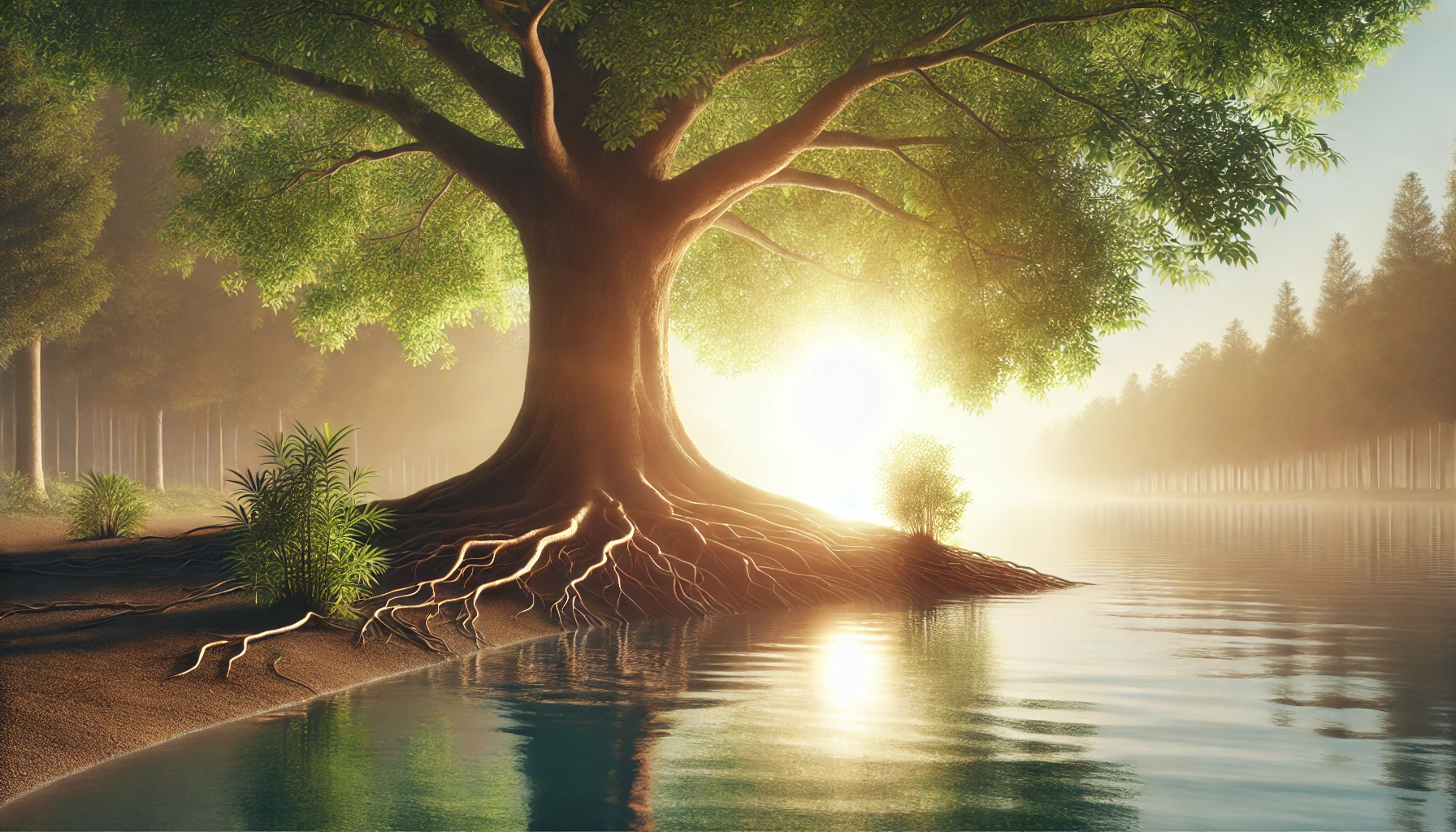 A serene riverside scene with a large tree rooted near the edge of the water.
