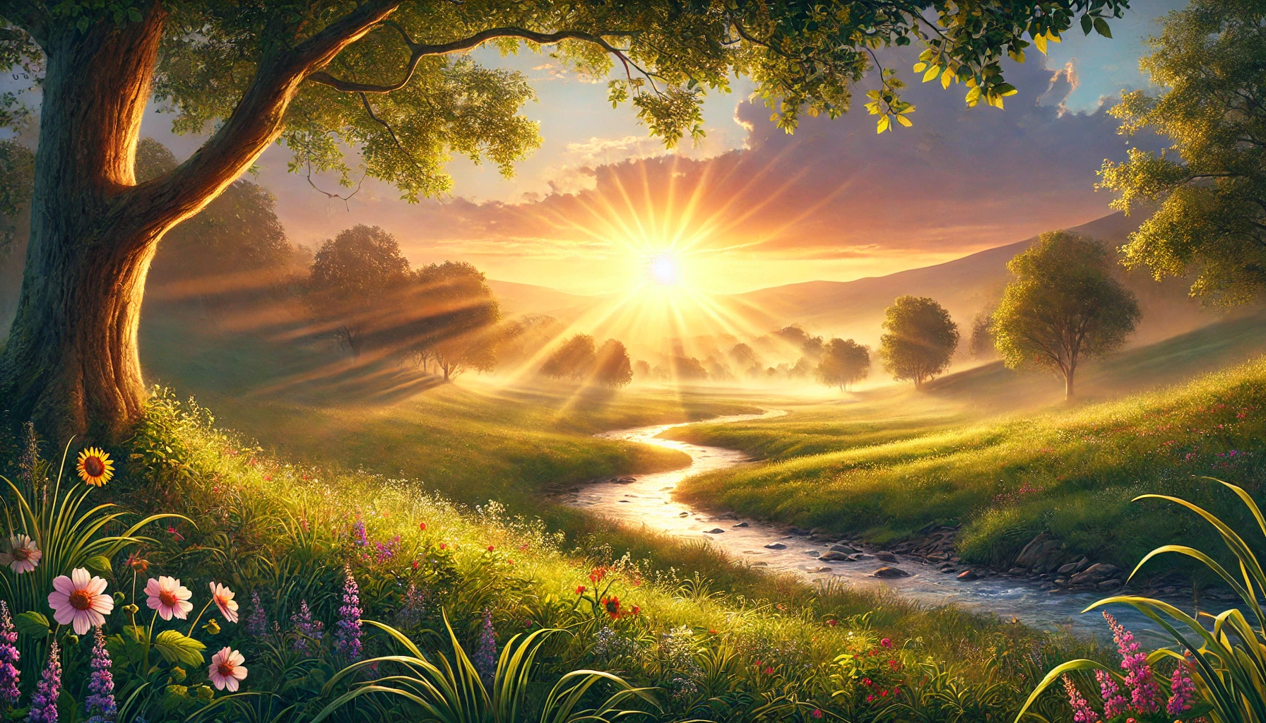 A serene sunrise over a quiet meadow.