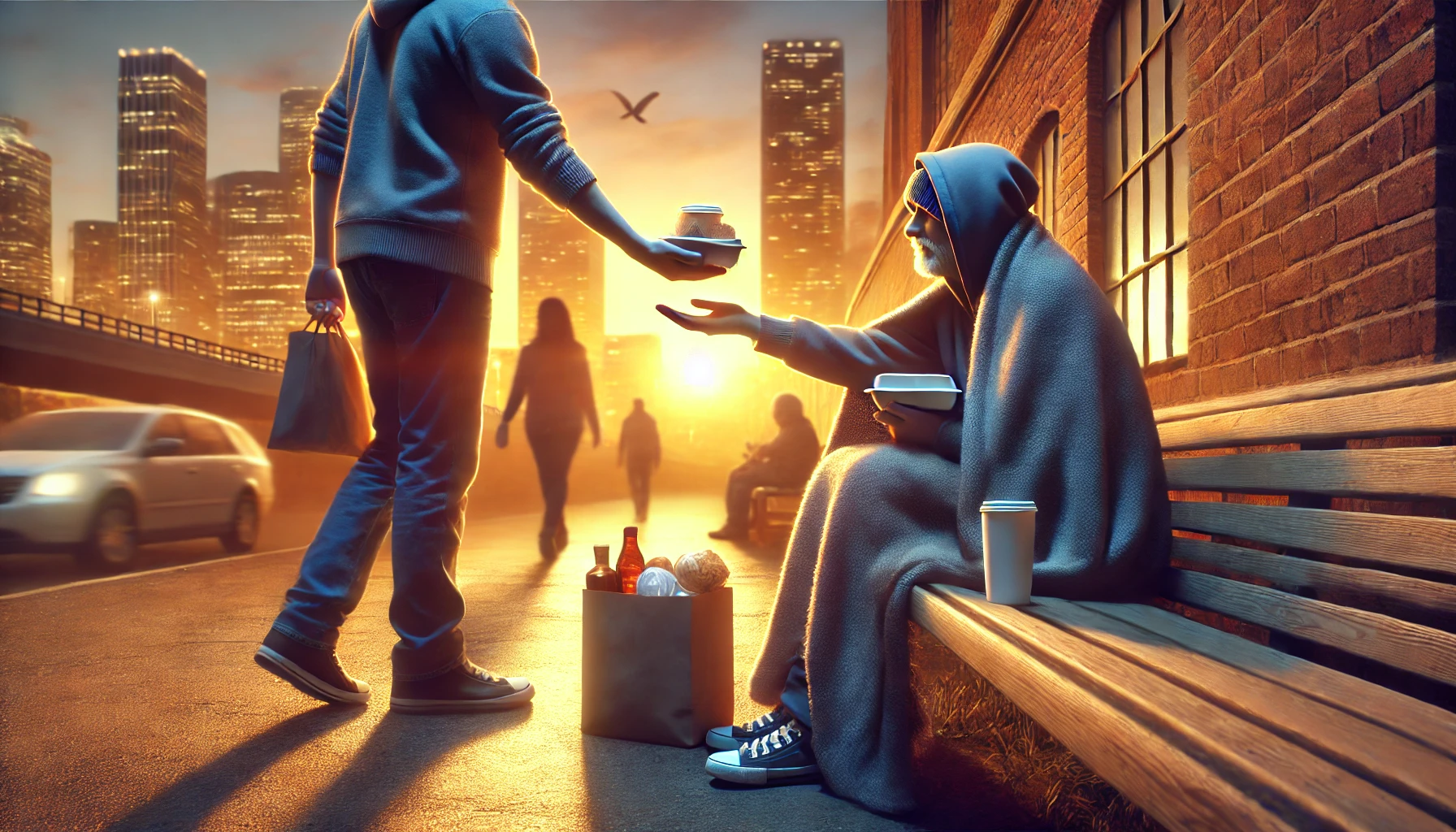 A serene urban scene at sunset, showing a person handing a warm blanket and a meal to a homeless individual.