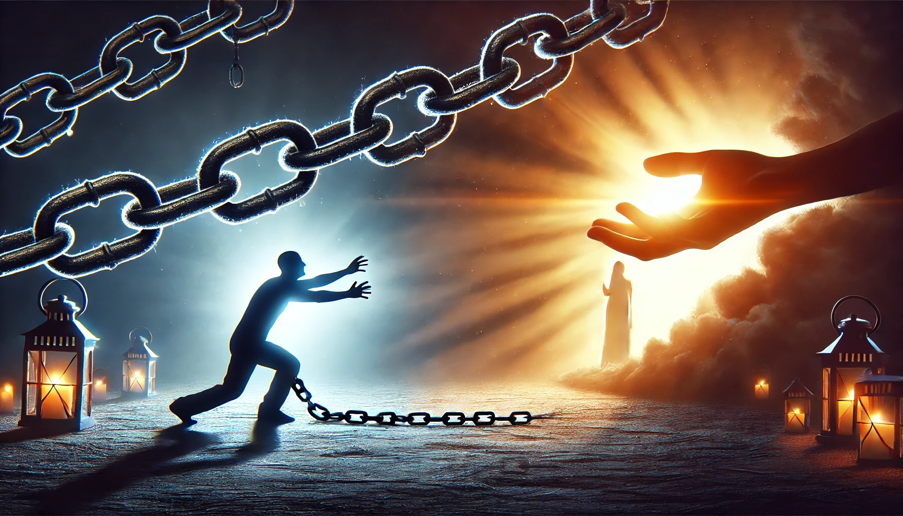 A shadowy figure reaching out toward a deceptive, glowing light while chains pull them backward into darkness.