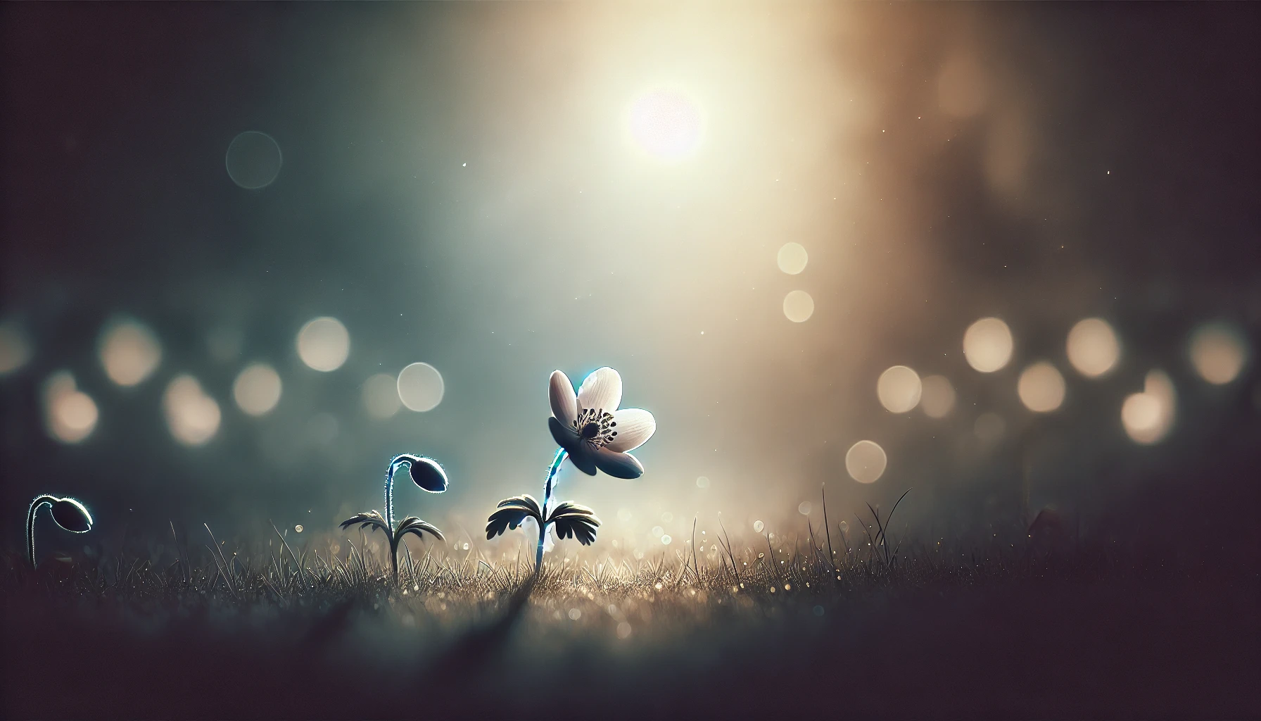 A single delicate flower blooming in a dimly lit field with a shadow extending behind it.