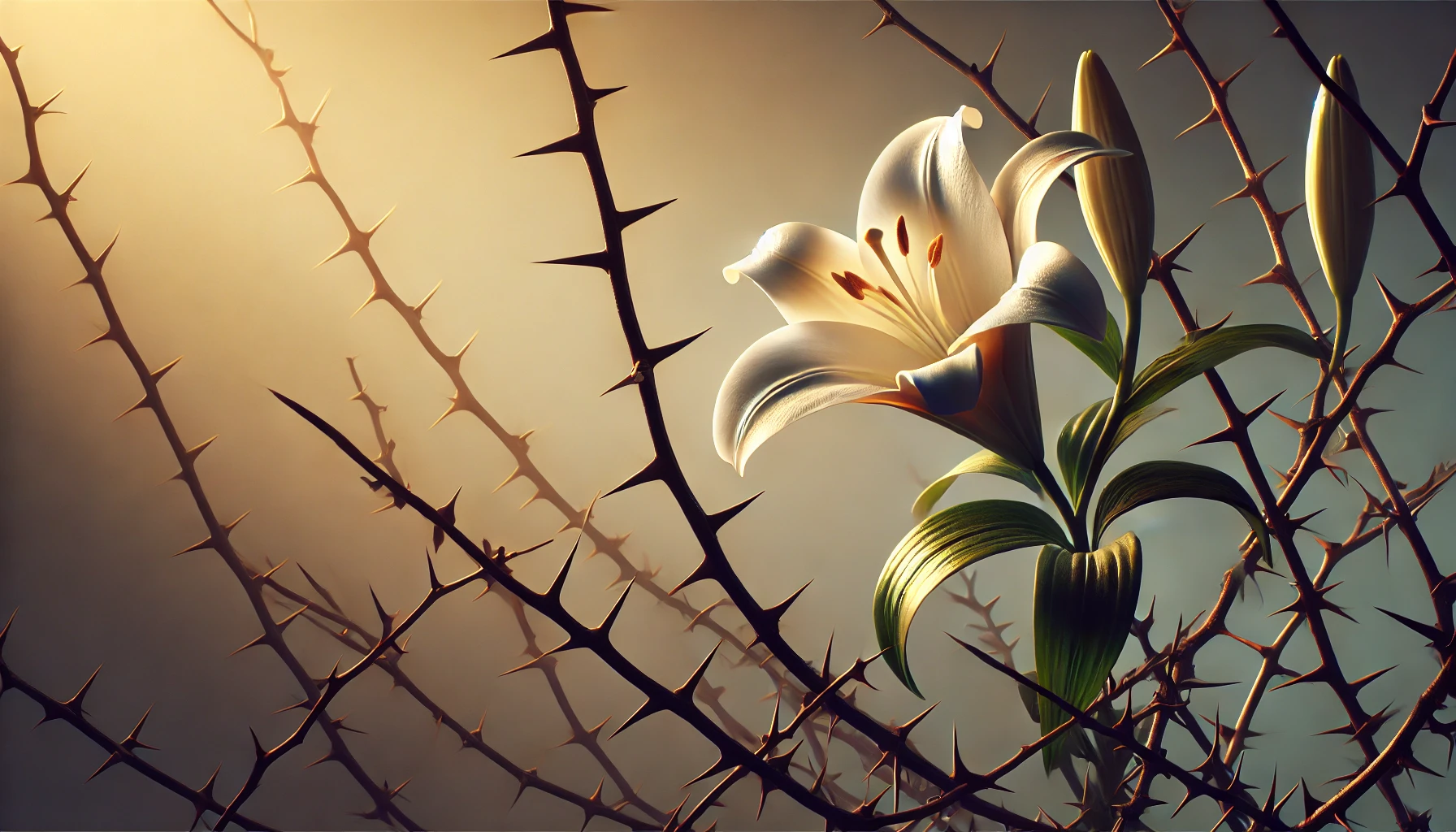 A single lily blooming amidst thorns in a soft, golden light.