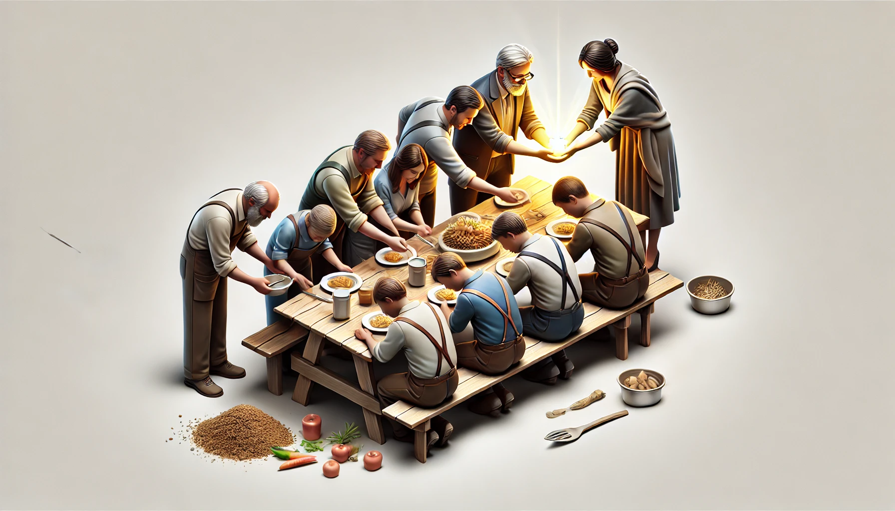 A small group of people helping each other with a shared task.