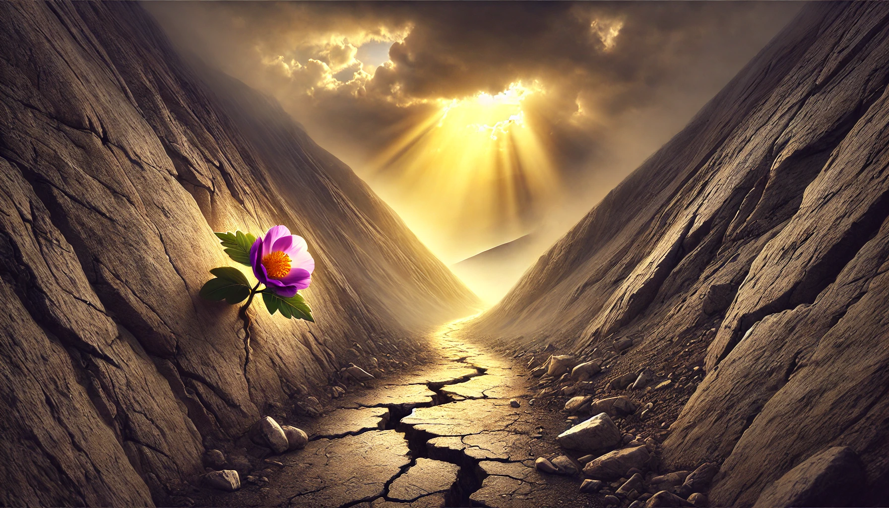 A small, rugged mountain trail winds upward under a golden sunset.