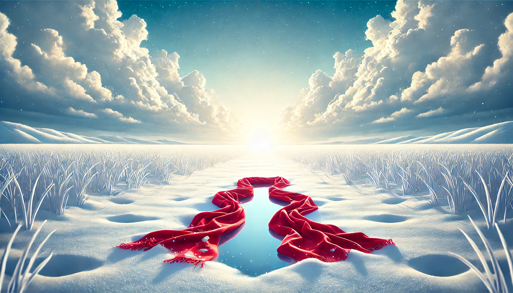 A snowy field under a bright winter sky, with a red scarf or piece of crimson cloth lying in the snow.