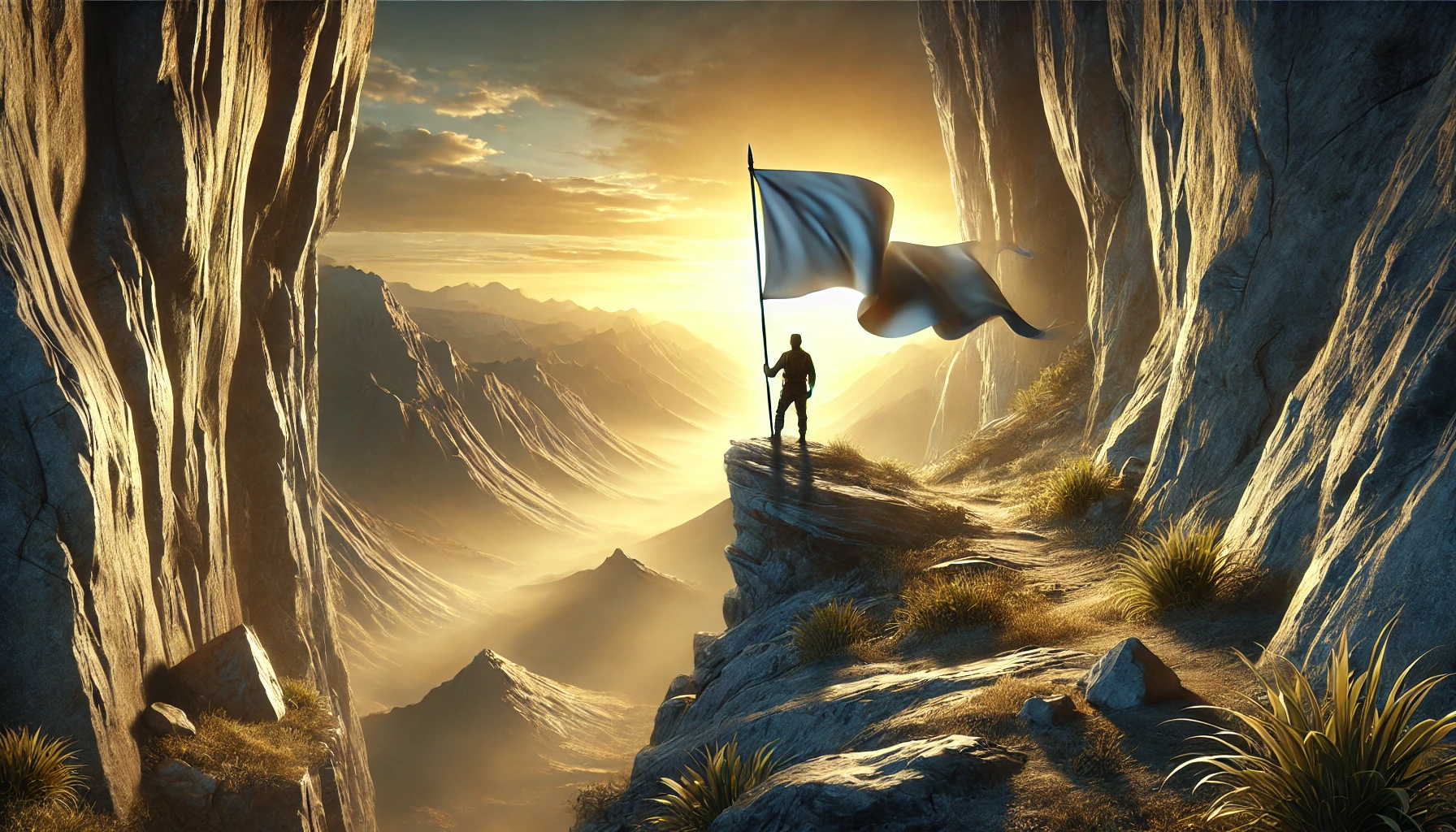 A soldier standing on a rocky cliff at dawn, holding a banner that flows gently in the wind.