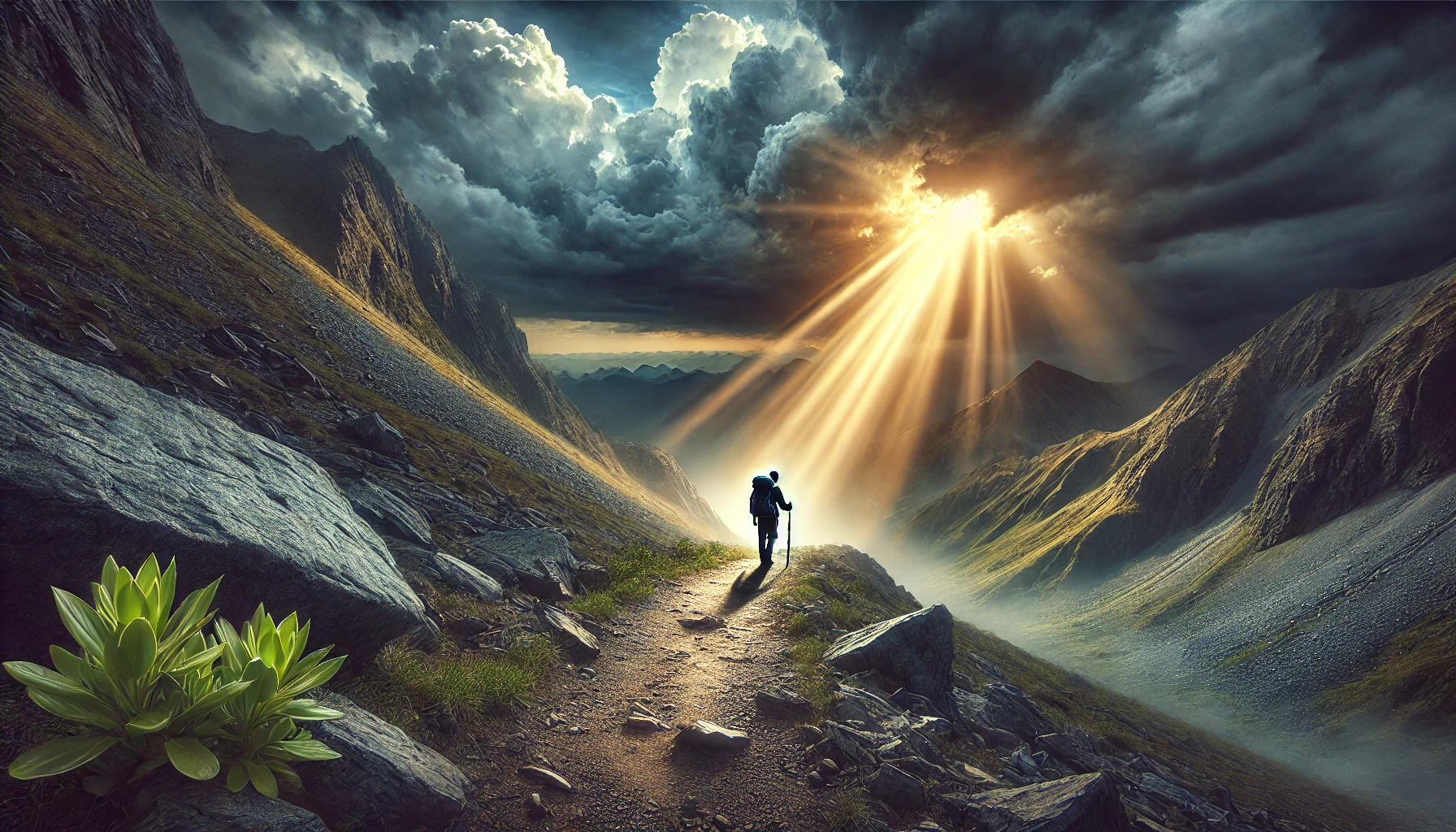 A solitary traveler on a rugged mountain path.