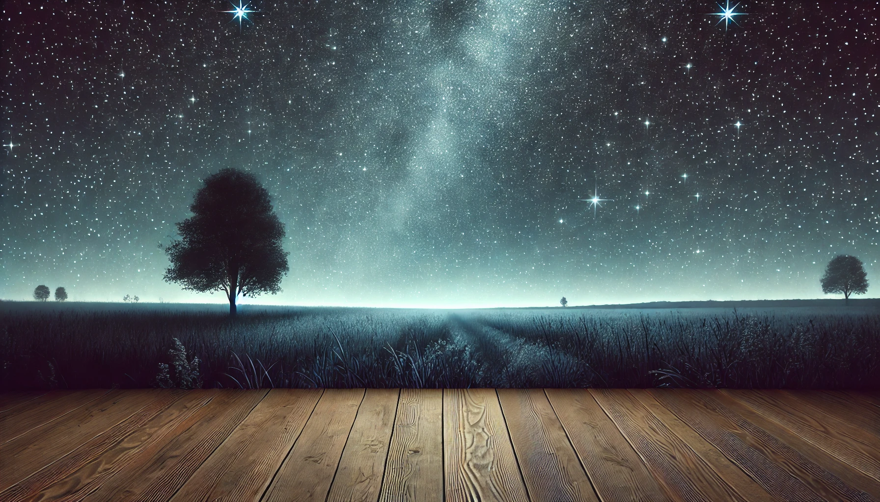A star-filled night sky over an open field, with a single tree in the foreground.