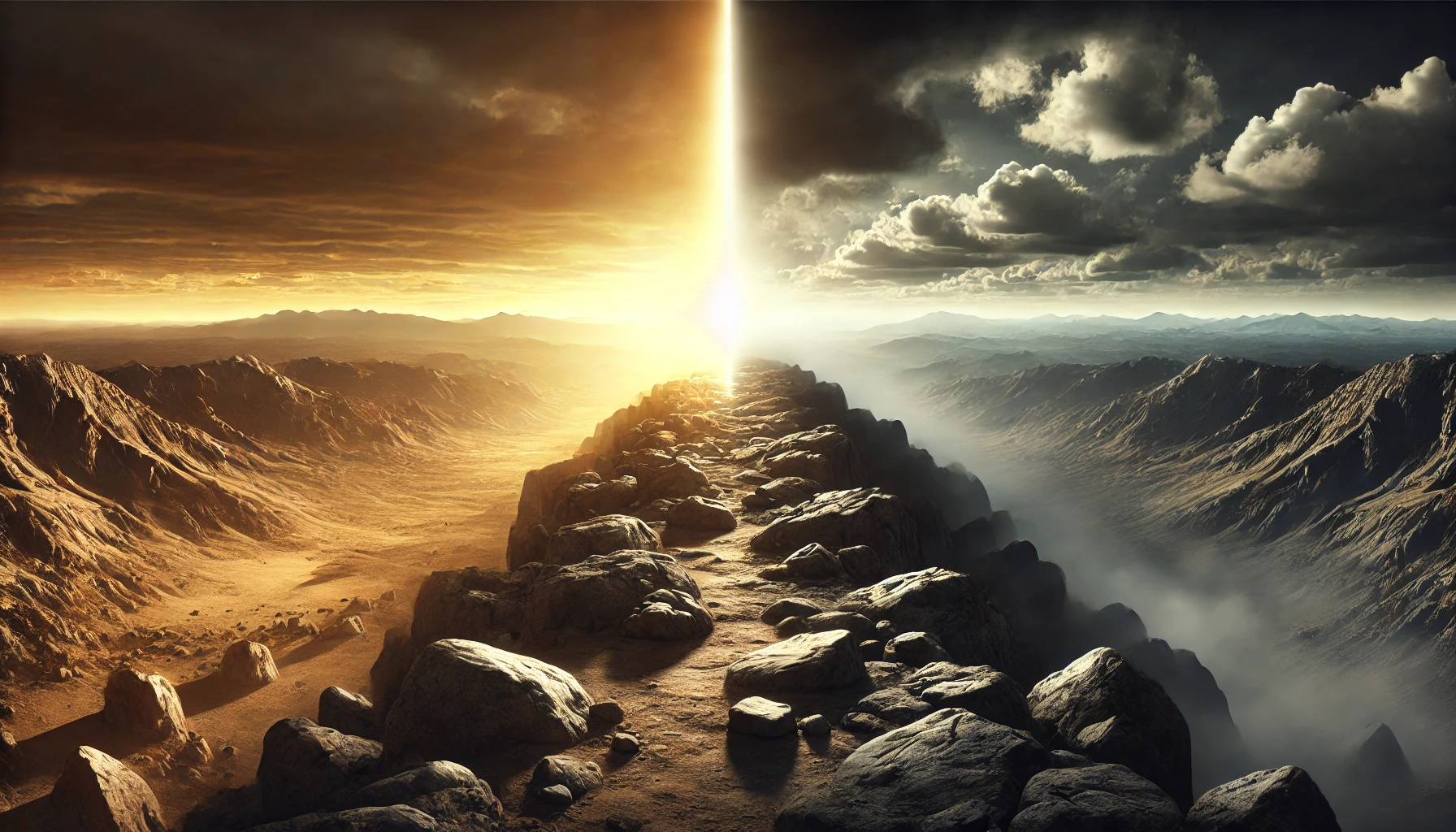 A stark boundary between light and darkness over a rocky landscape.