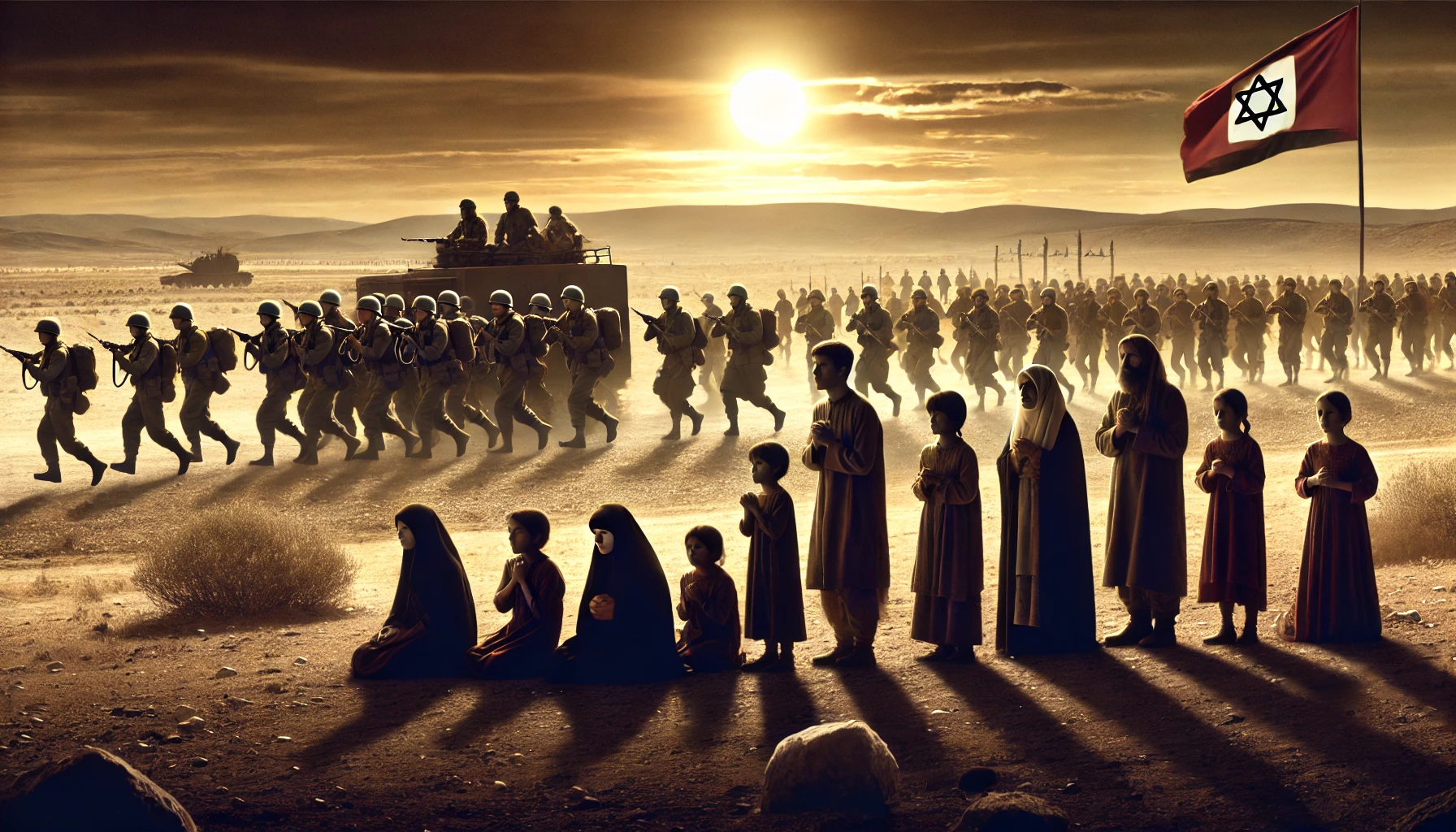 A stark desert landscape with soldiers silhouetted against the horizon.