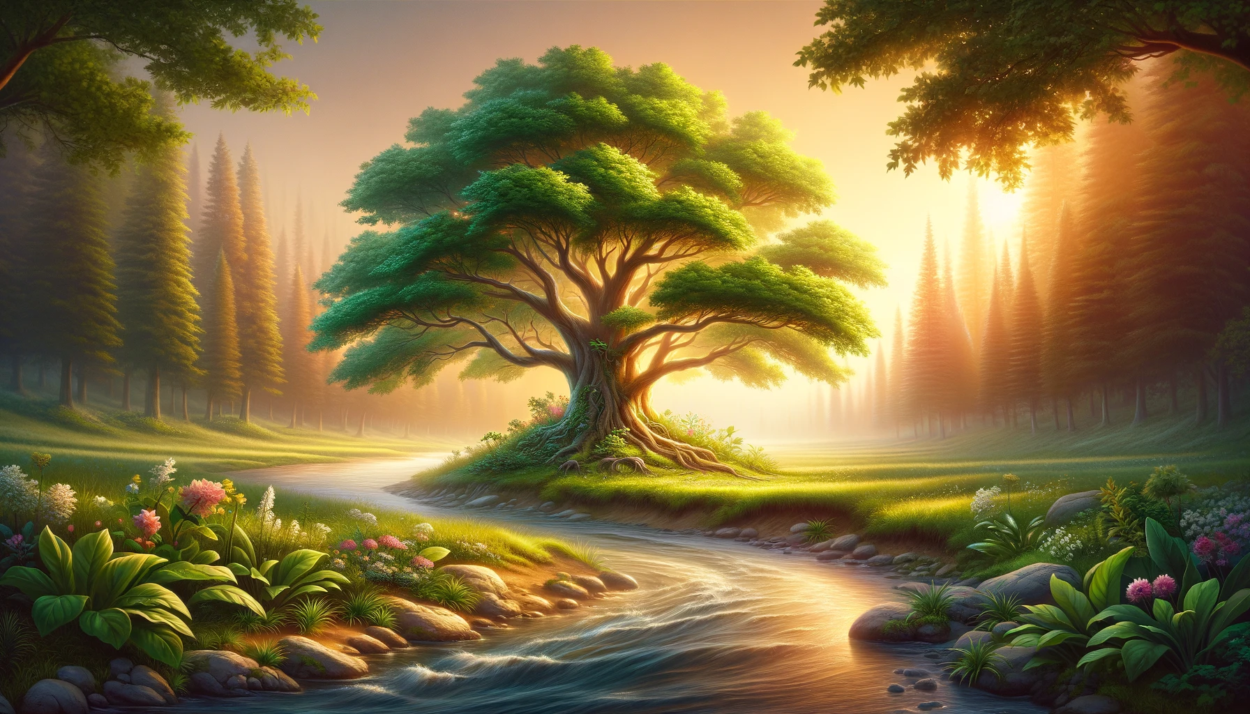A strong, flourishing tree by a gently flowing stream.