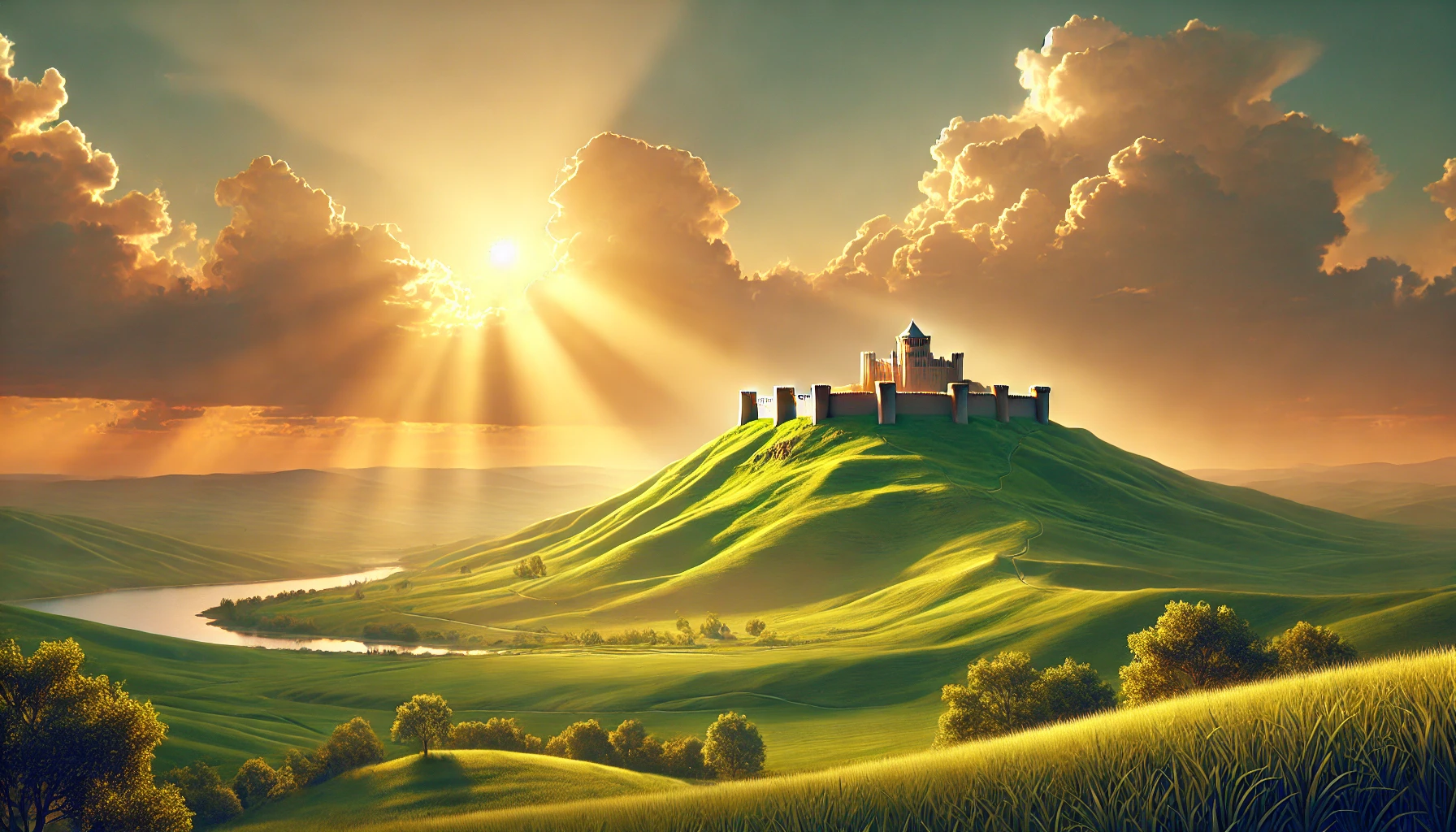 A strong fortress on a hill under a golden sunset.