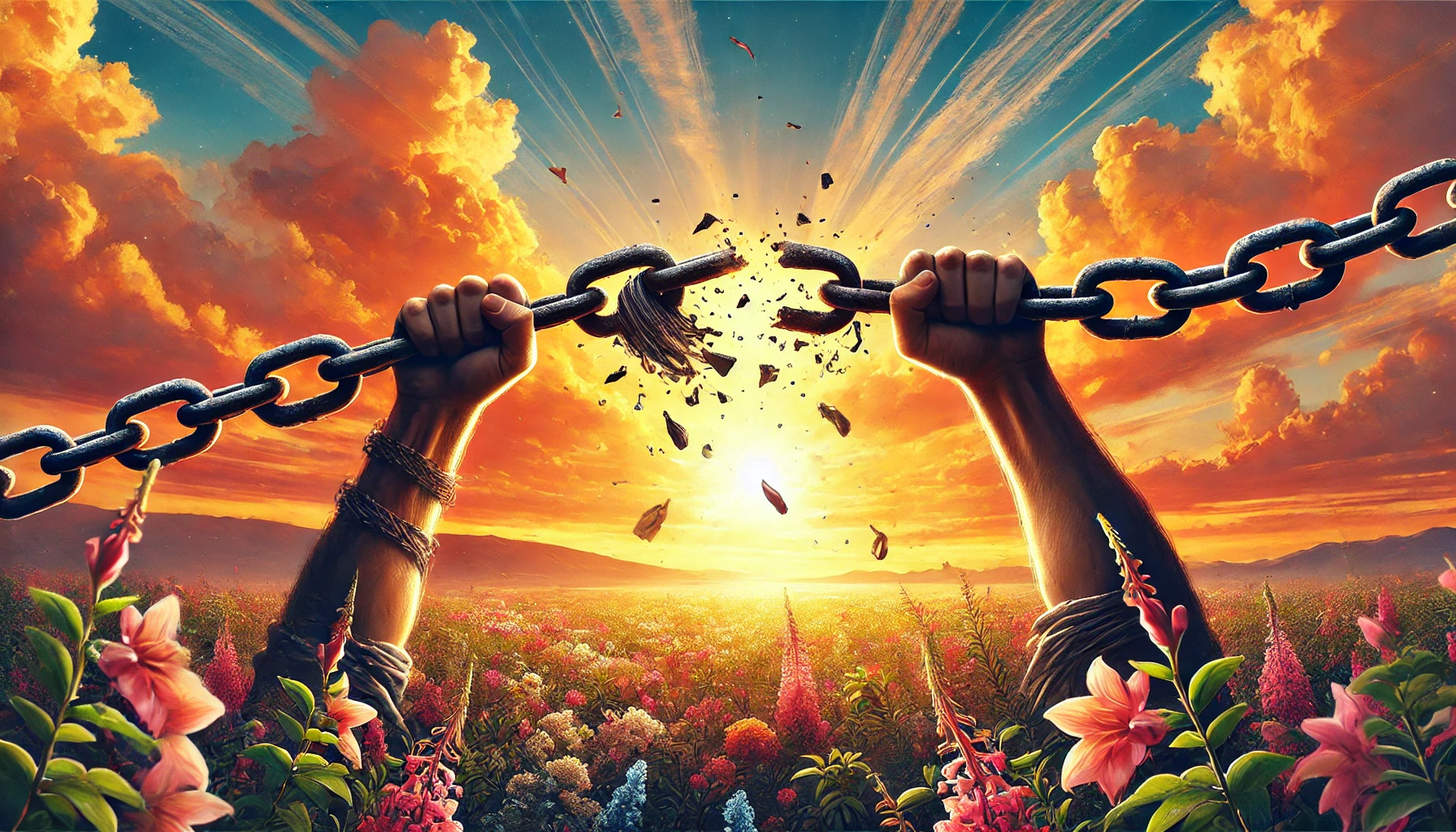 A strong pair of hands breaking a heavy iron yoke against the backdrop of a vibrant sunrise.