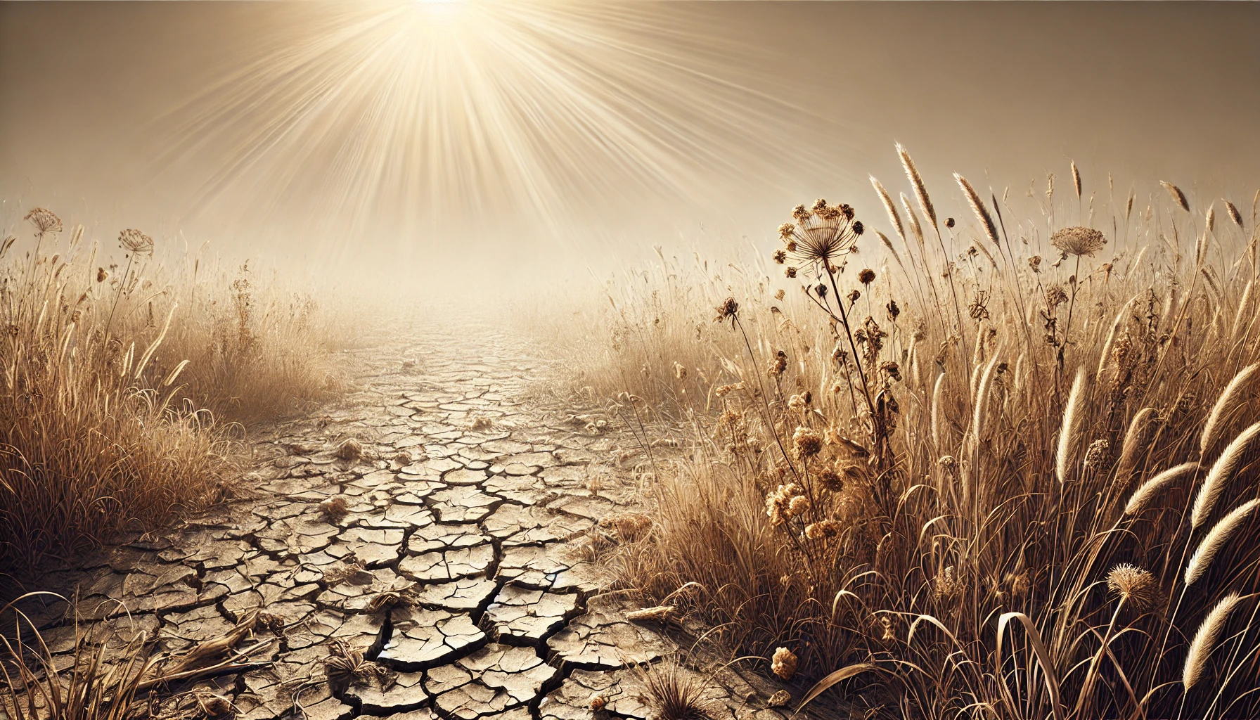 A sun-scorched meadow with withering grass and a few faded flowers.