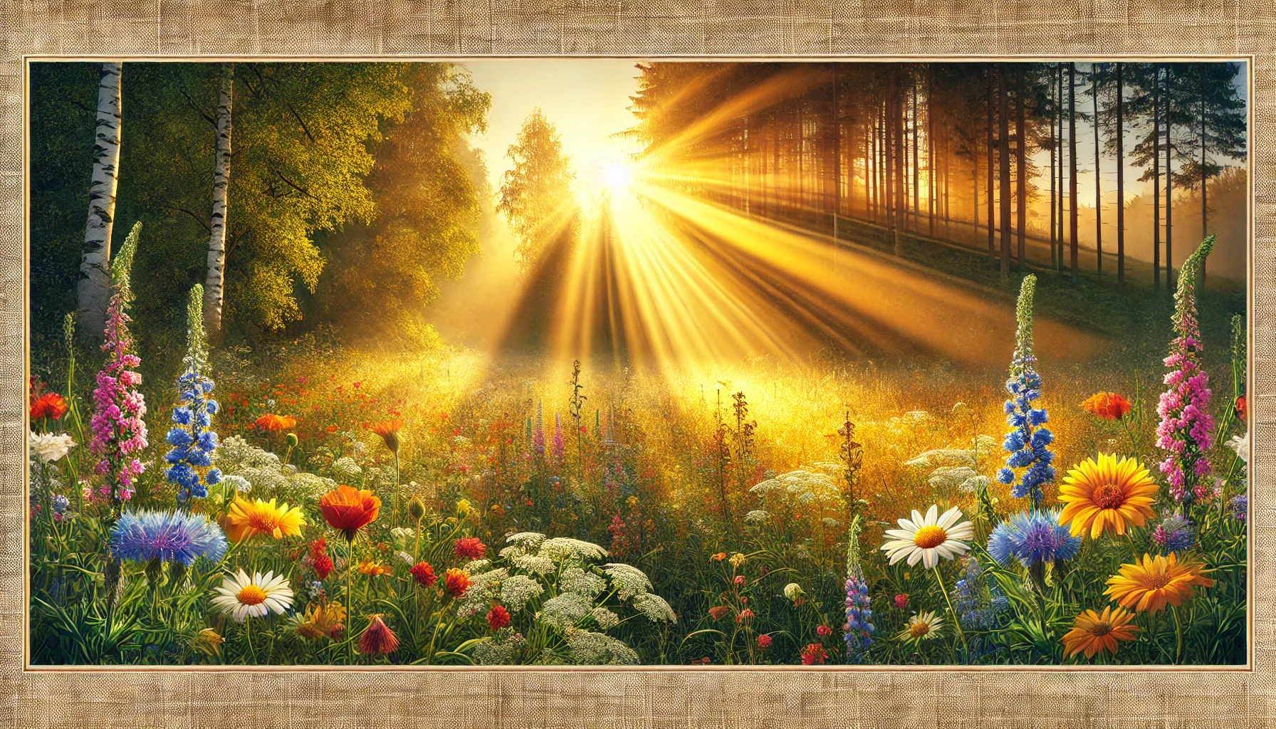 A sunlit field of wildflowers, with golden light streaming through the trees.