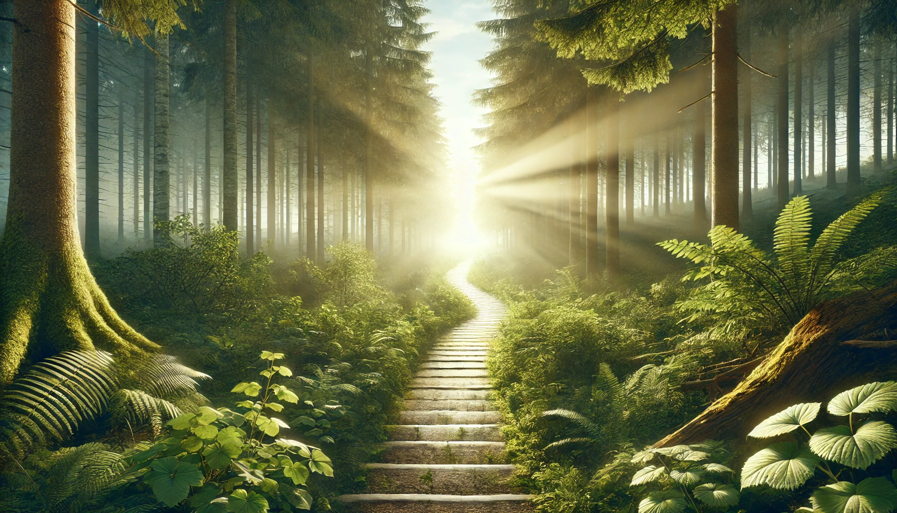 A sunlit path cutting through a dense forest, with soft light guiding the way.